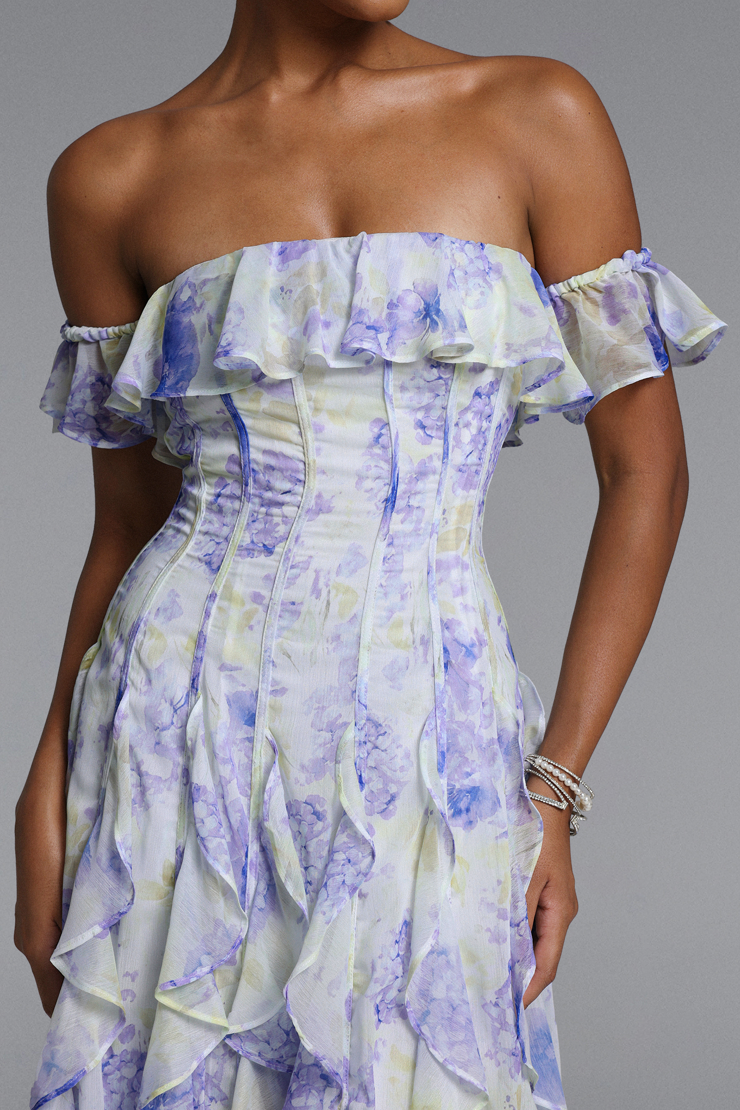 Eurien Elegant Flowy Off Shoulder Ruffle Floral Print Maxi Dress