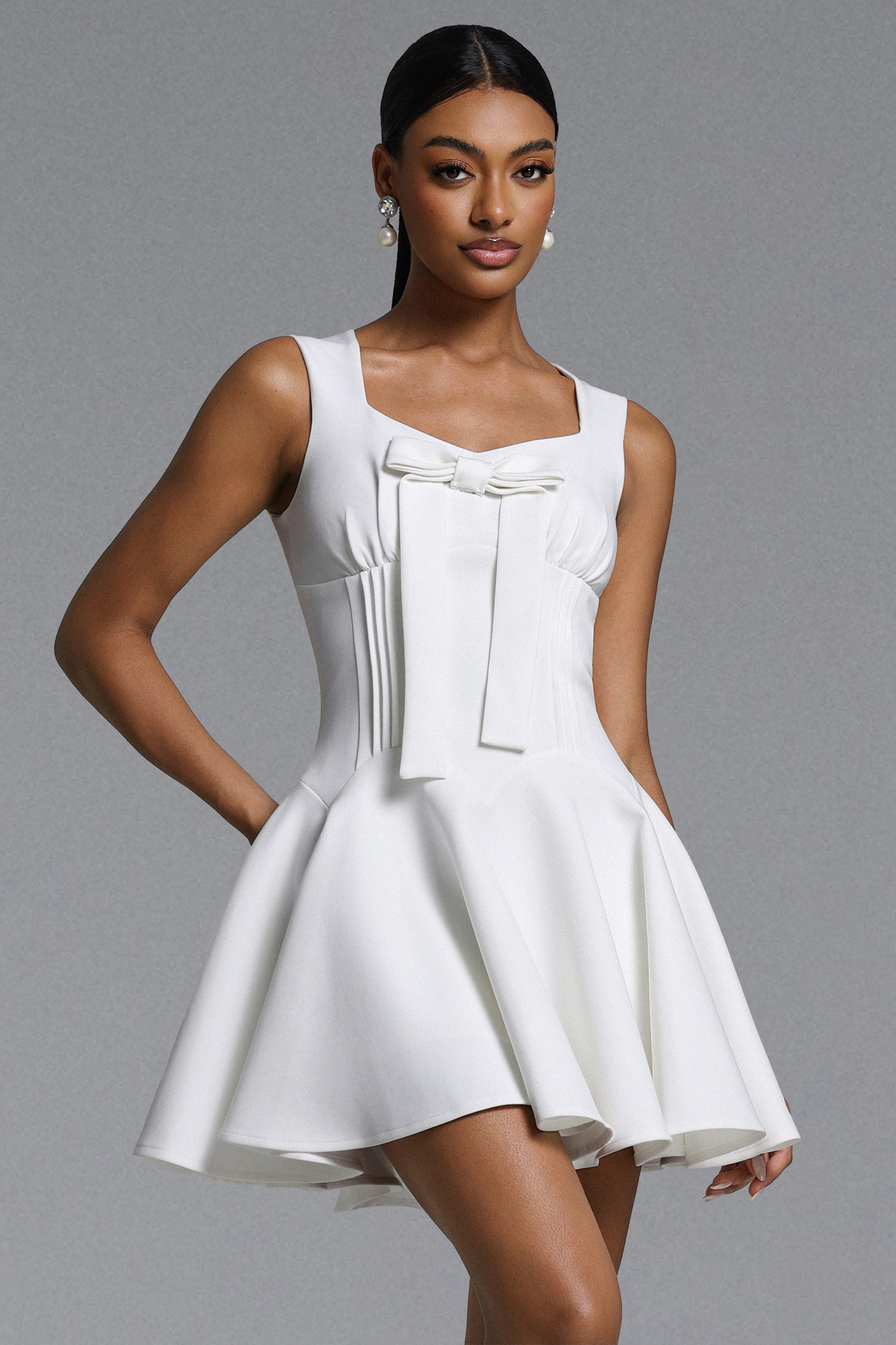 Hutuny Classic Tailored Bow Detailed Pleated Woven Mini Dress