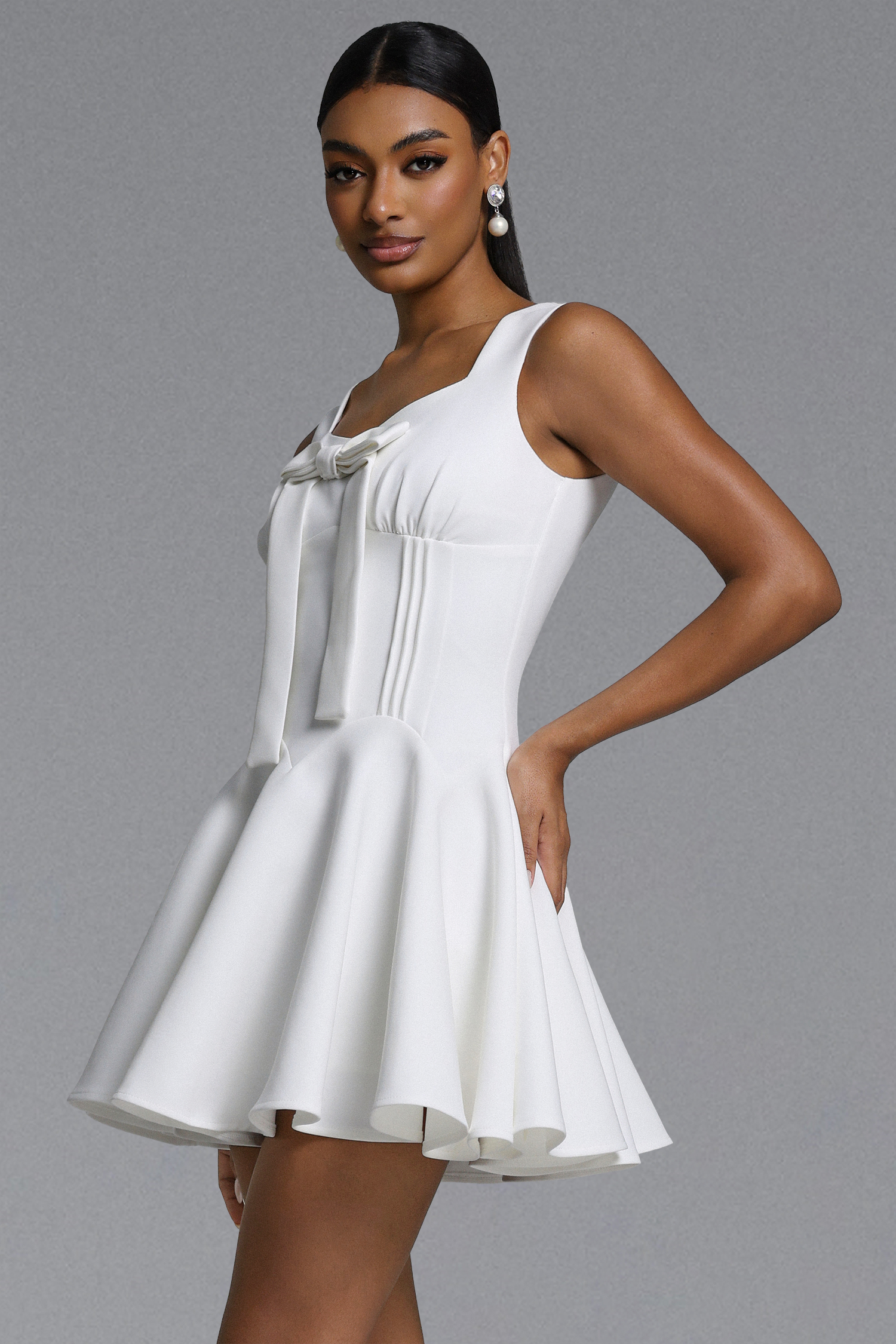 Hutuny Classic Tailored Bow Detailed Pleated Woven Mini Dress