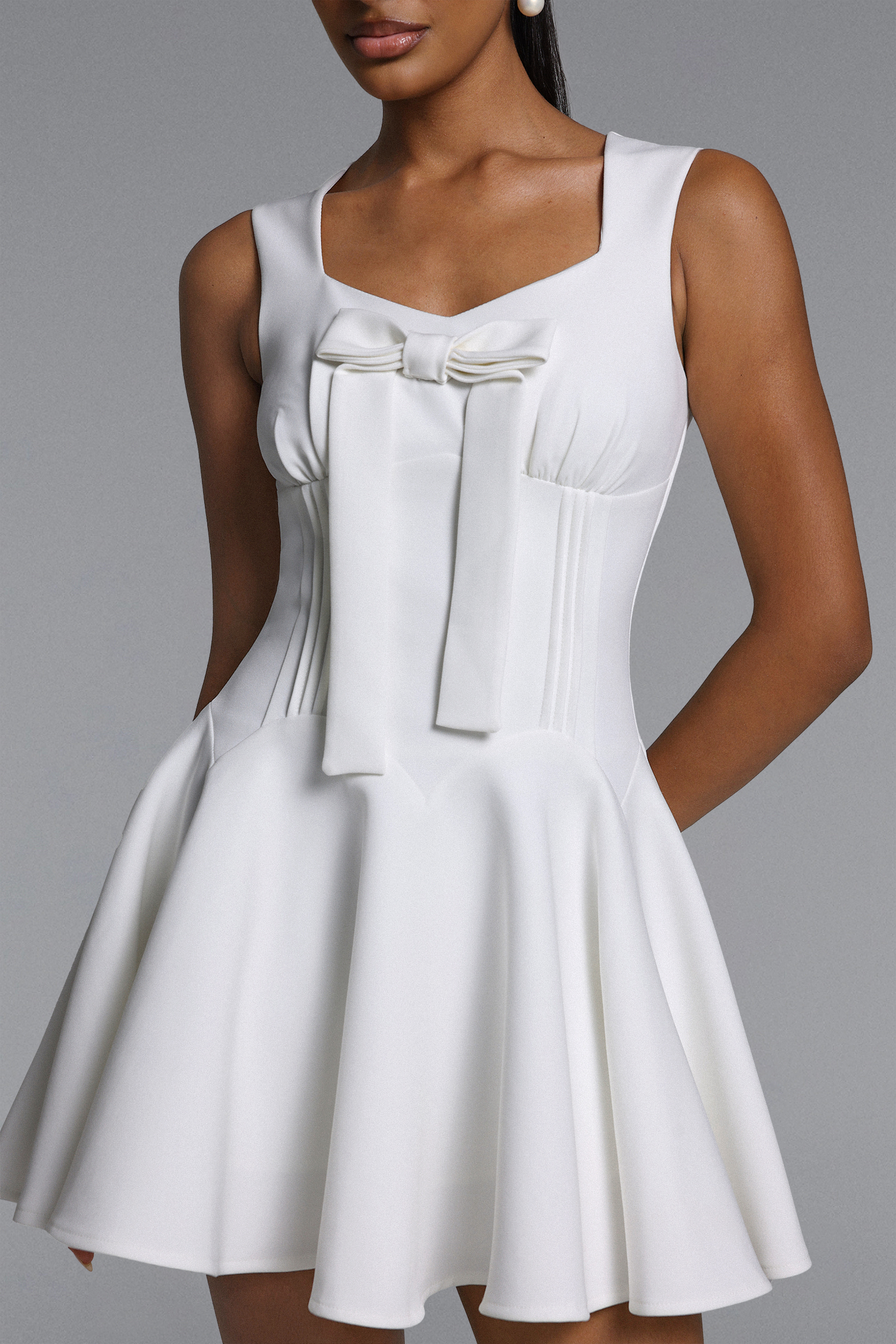 Hutuny Classic Tailored Bow Detailed Pleated Woven Mini Dress