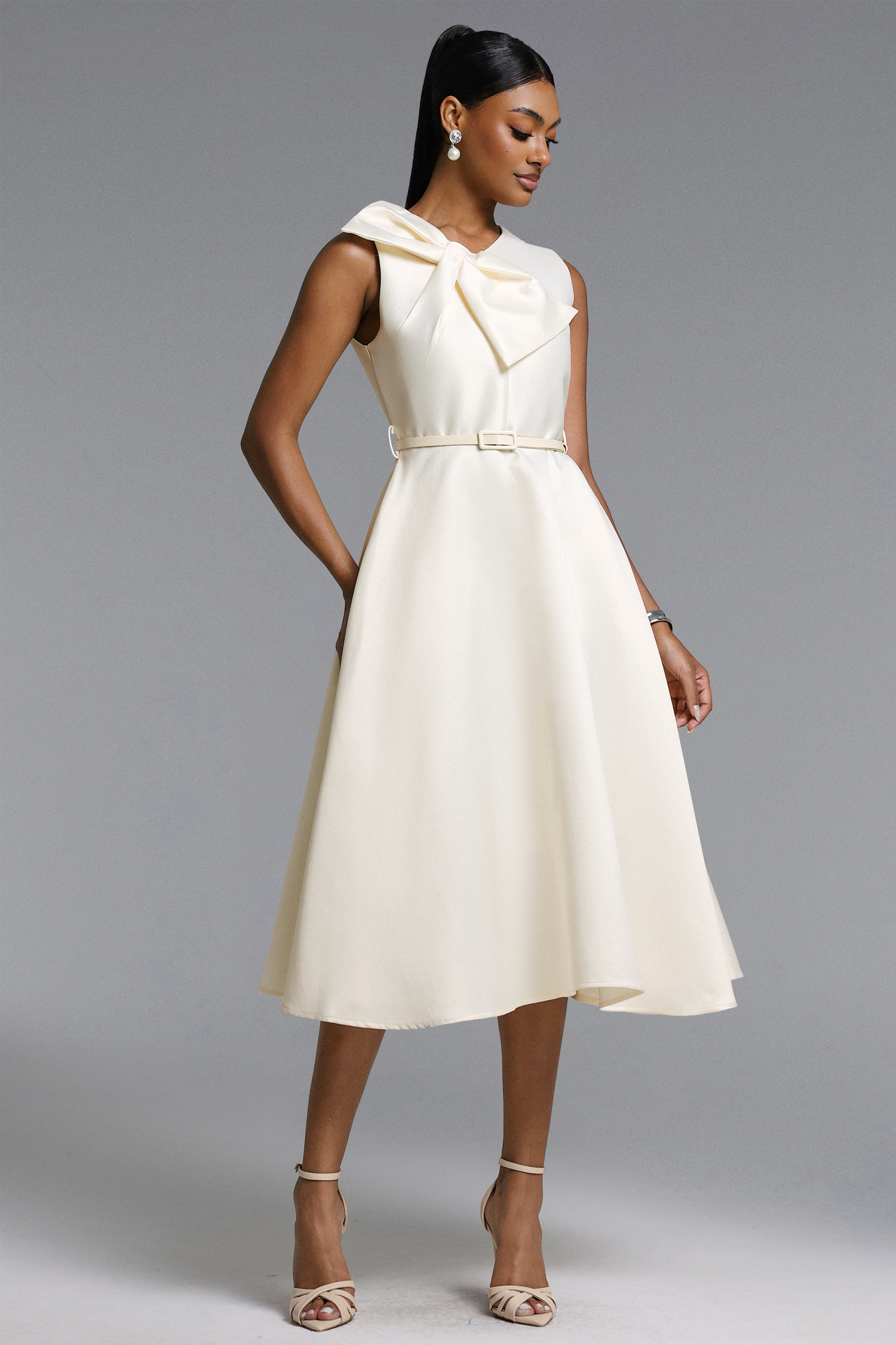 Fallon Elegant Tailored Sleeveless Bow Detailed Woven Maxi Dress