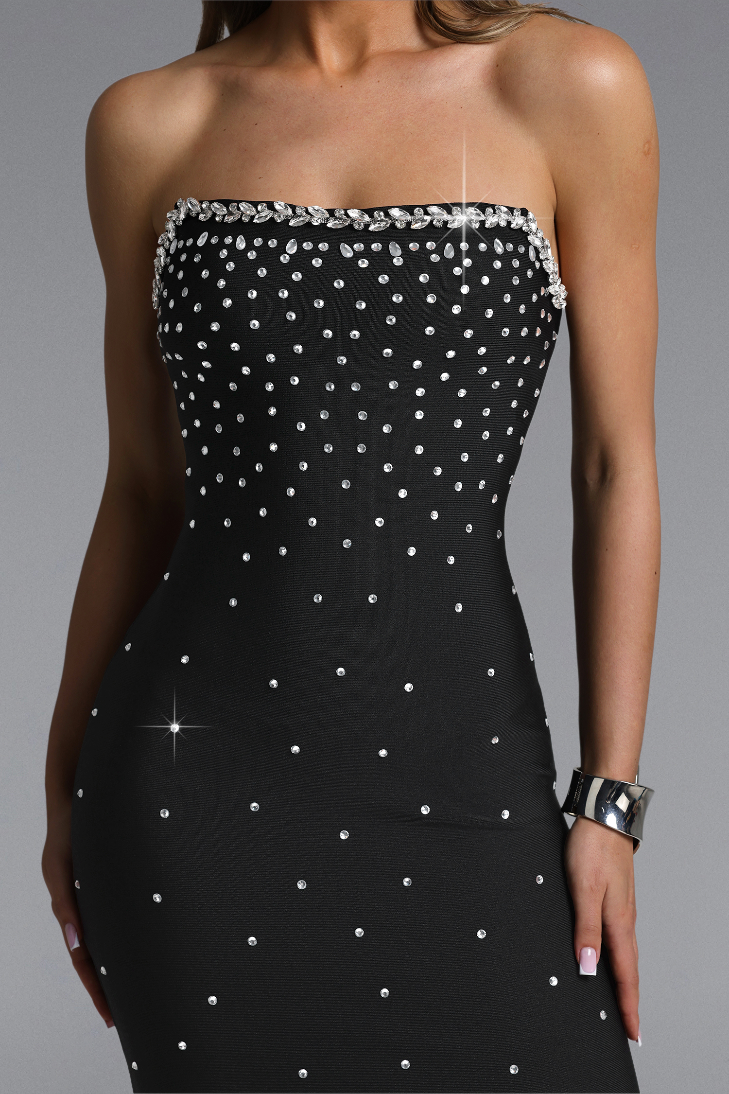 Eudase Glamorous Contour Strapless Rhinestone Bandage Mini Dress