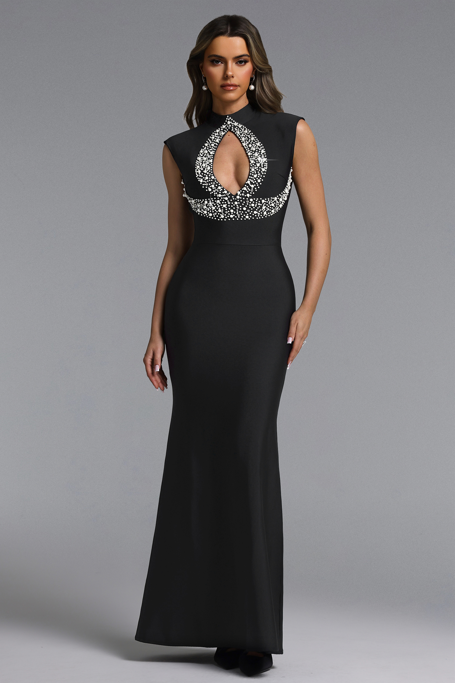 Kyler Glamorous Contour Sleeveless Cut Out Pearl Bandage Maxi Dress