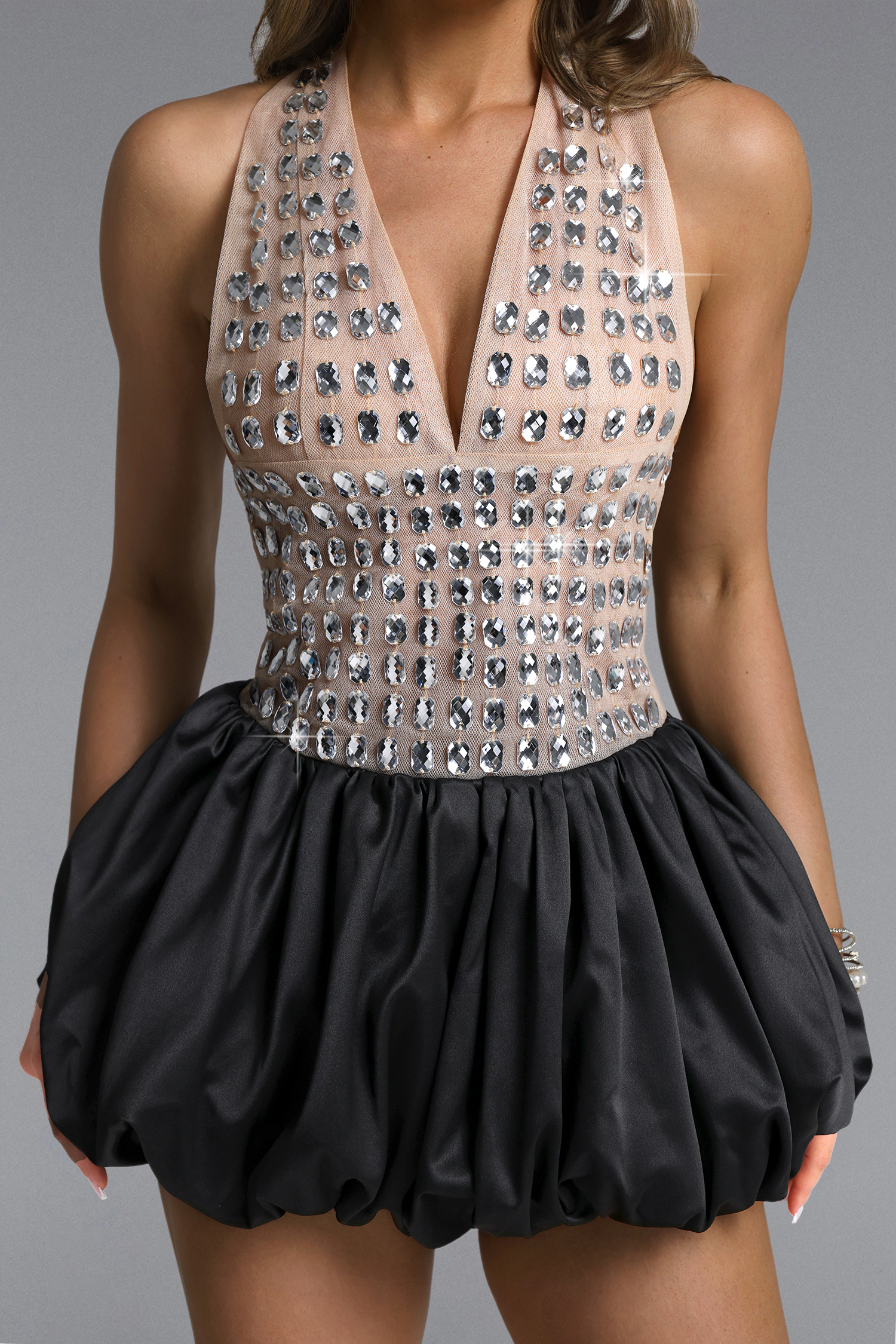 Uano Glamorous Contour Halter Puff Mini Dress