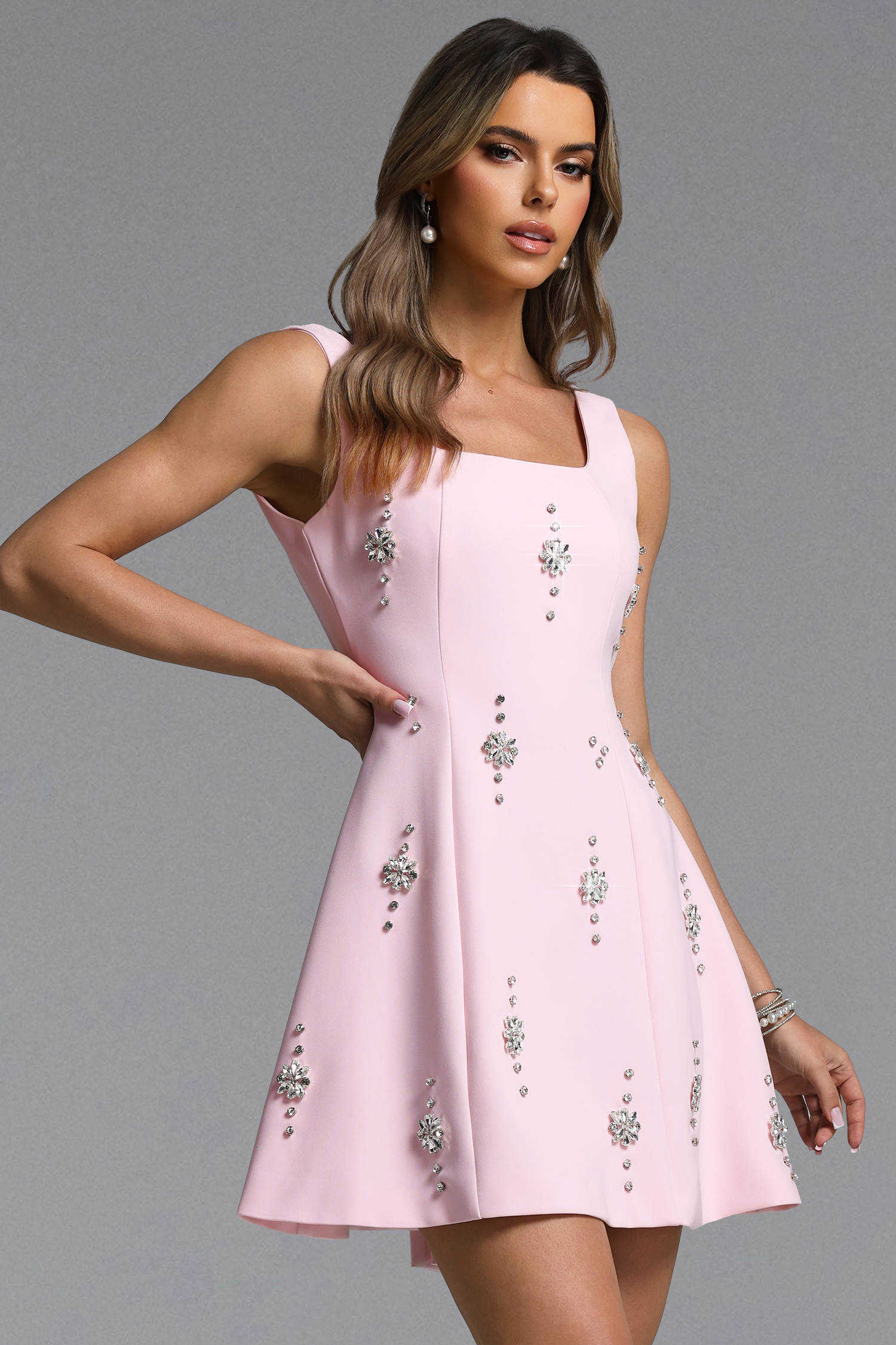 Falisa Classic Tailored Square Neck Rhinestone Woven Mini Dress