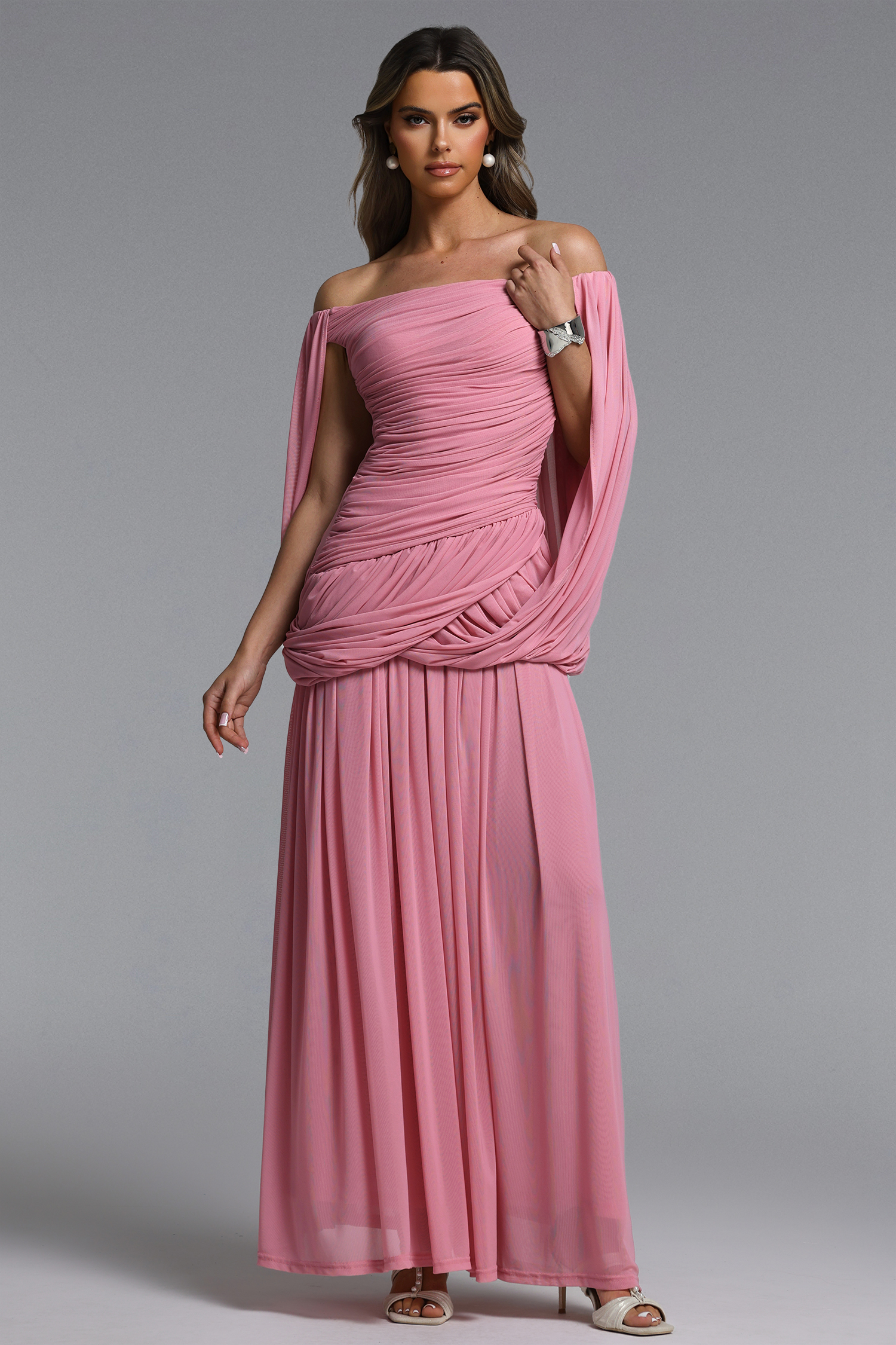 Yauia Romantic Contour Off Shoulder Ruched Maxi Dress