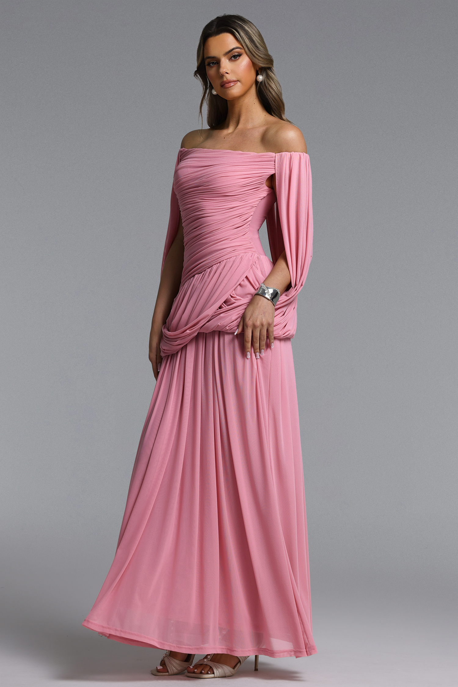 Yauia Romantic Contour Off Shoulder Ruched Maxi Dress