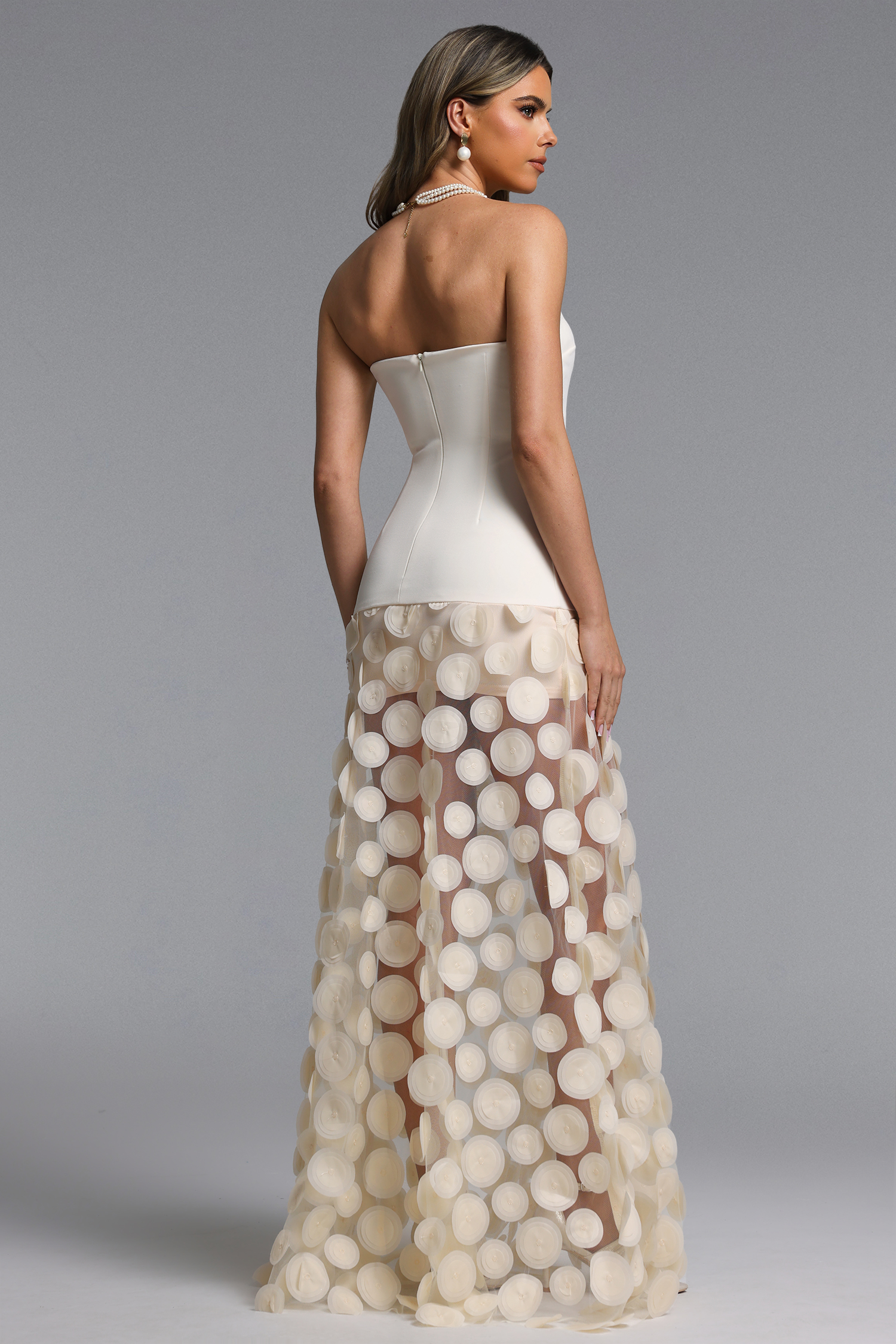 Falzer Sleeveless Netting Wafer Beige Maxi Dress