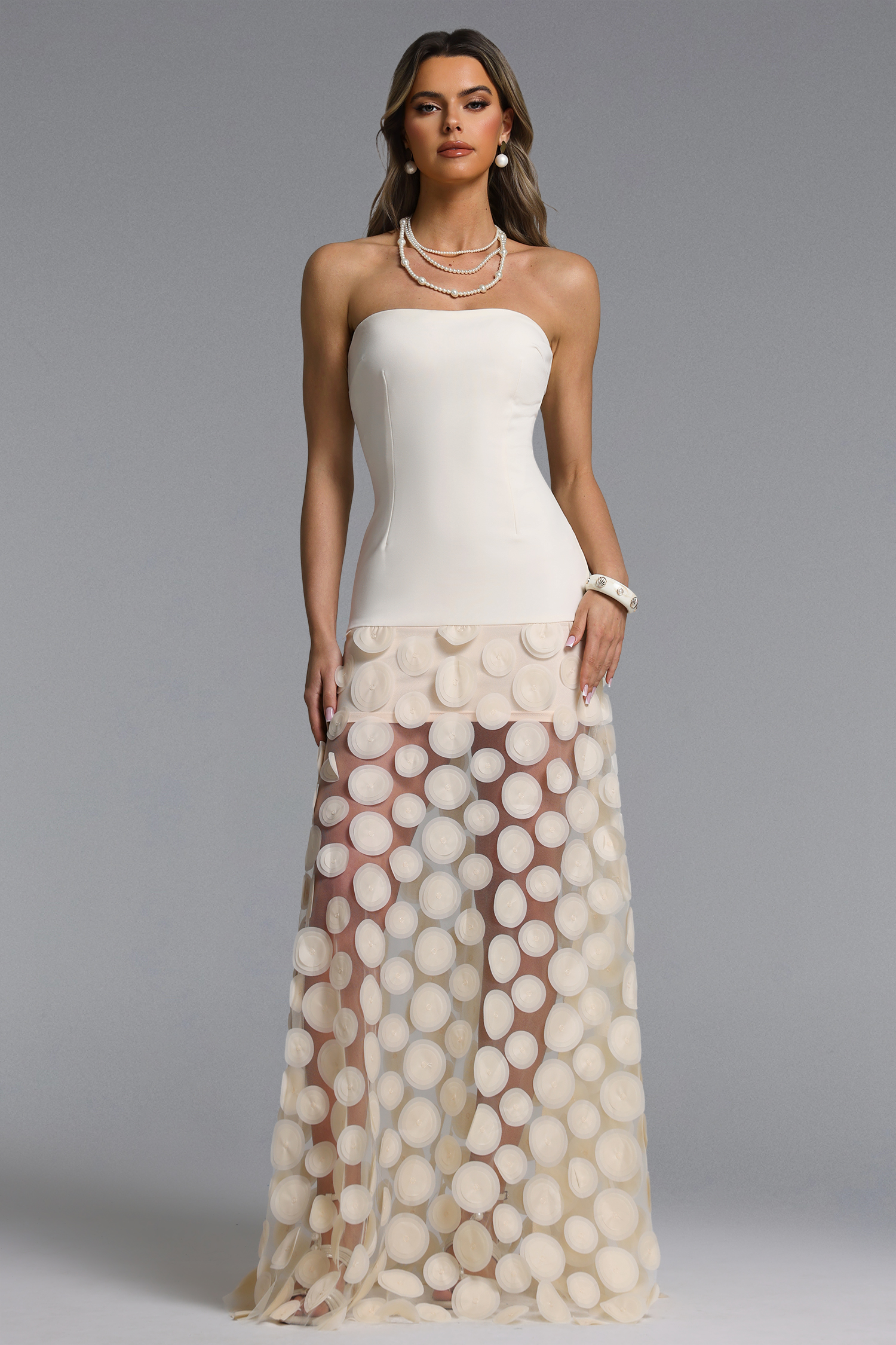 Falzer Sleeveless Netting Wafer Beige Maxi Dress