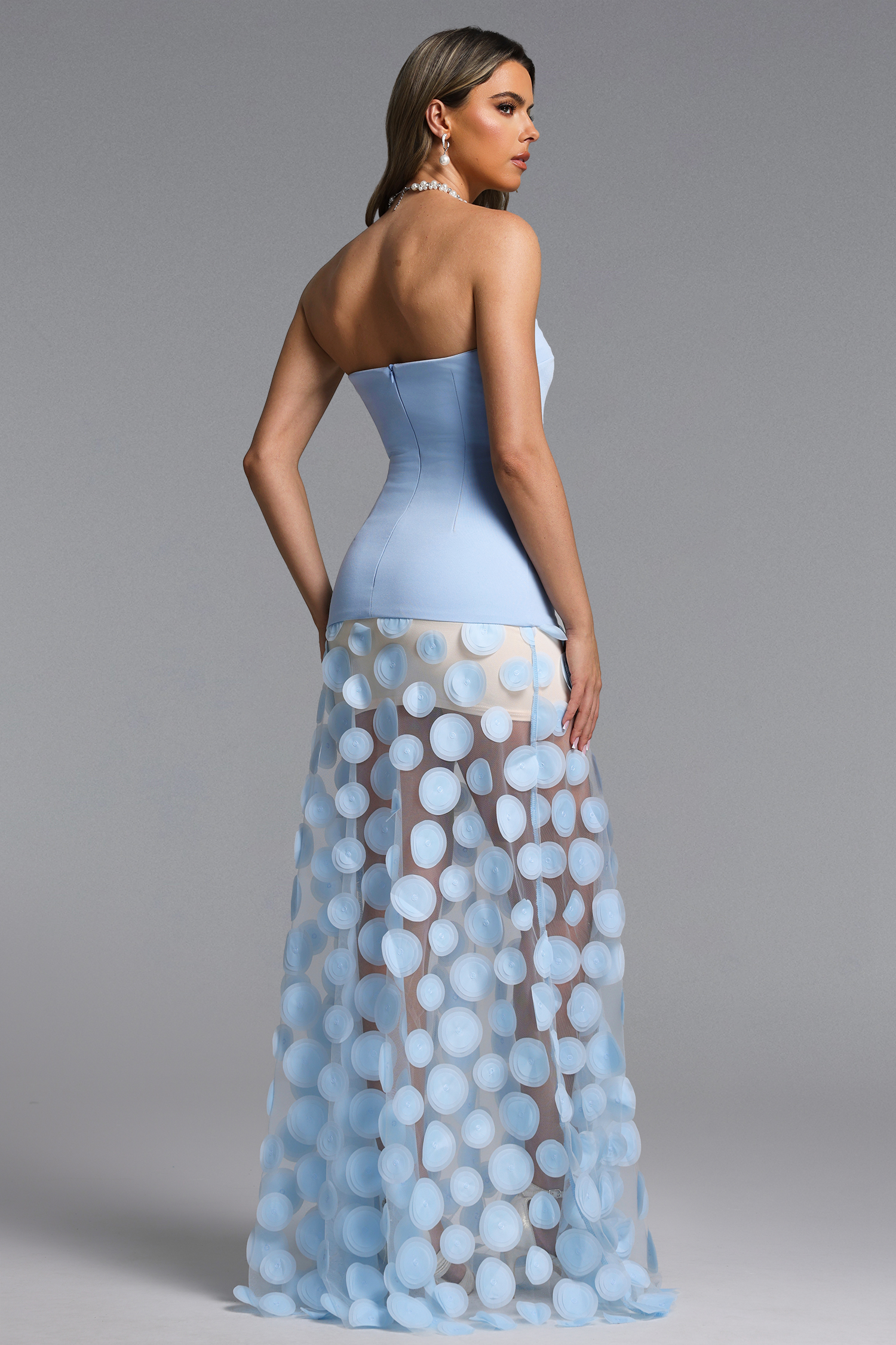 Falzer Sleeveless Netting Wafer Blue Maxi Dress