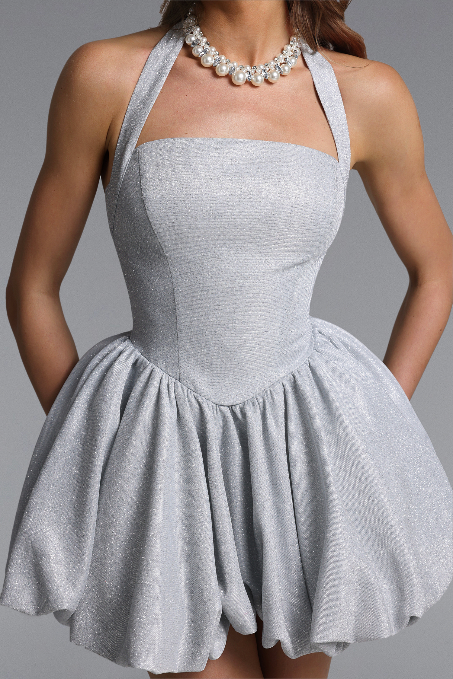 Marlene Classic Tailored Halter Sparkly Puff Mini Dress