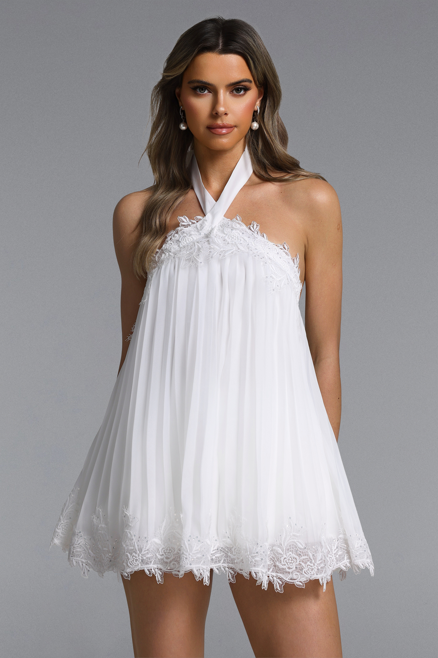 Liaka Chic Flowy Halter Pleated Lace Chiffon Mini Dress