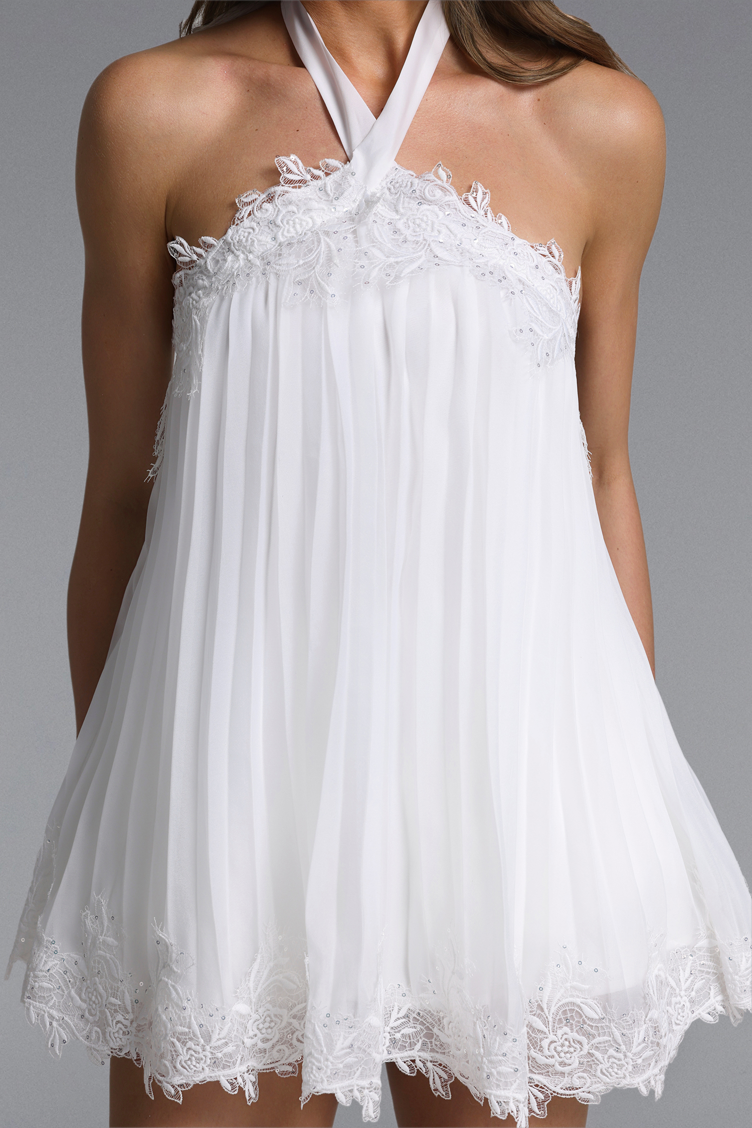 Liaka Chic Flowy Halter Pleated Lace Chiffon Mini Dress