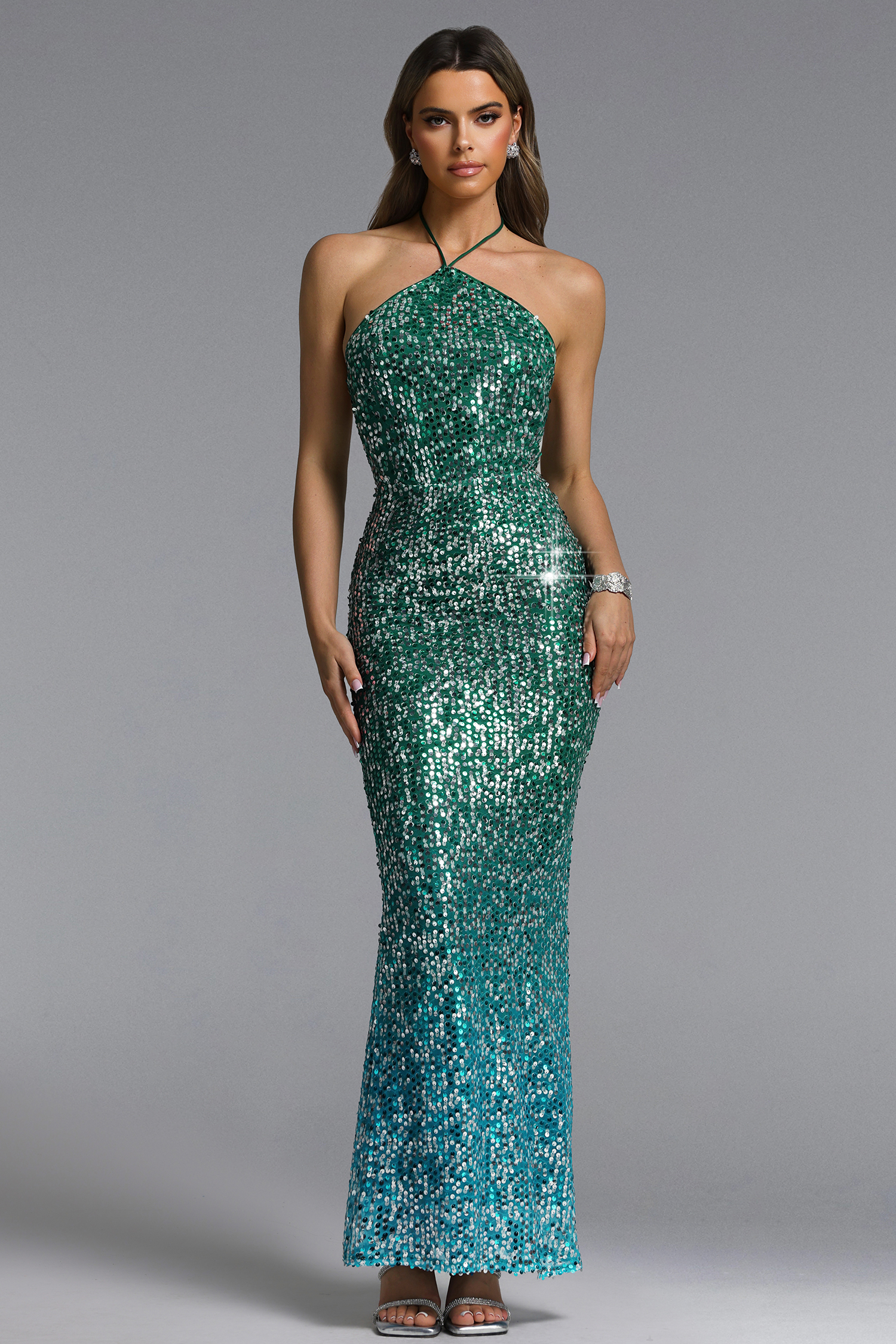 Viki Chic Contour Halter Sequin Maxi Dress