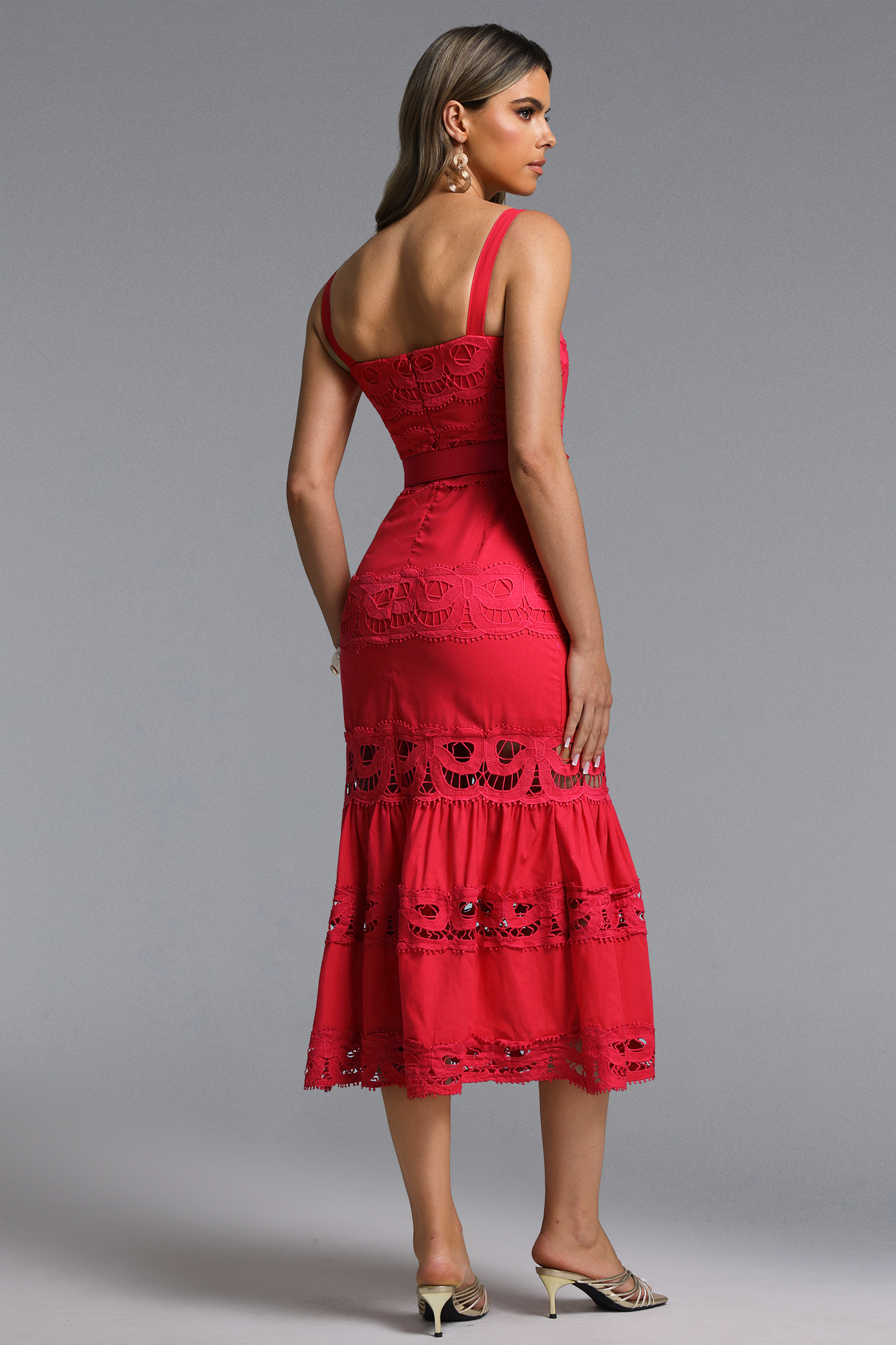 Giada Romantic Tailored Sleeveless Belted Lace Woven Red Maxi Dress