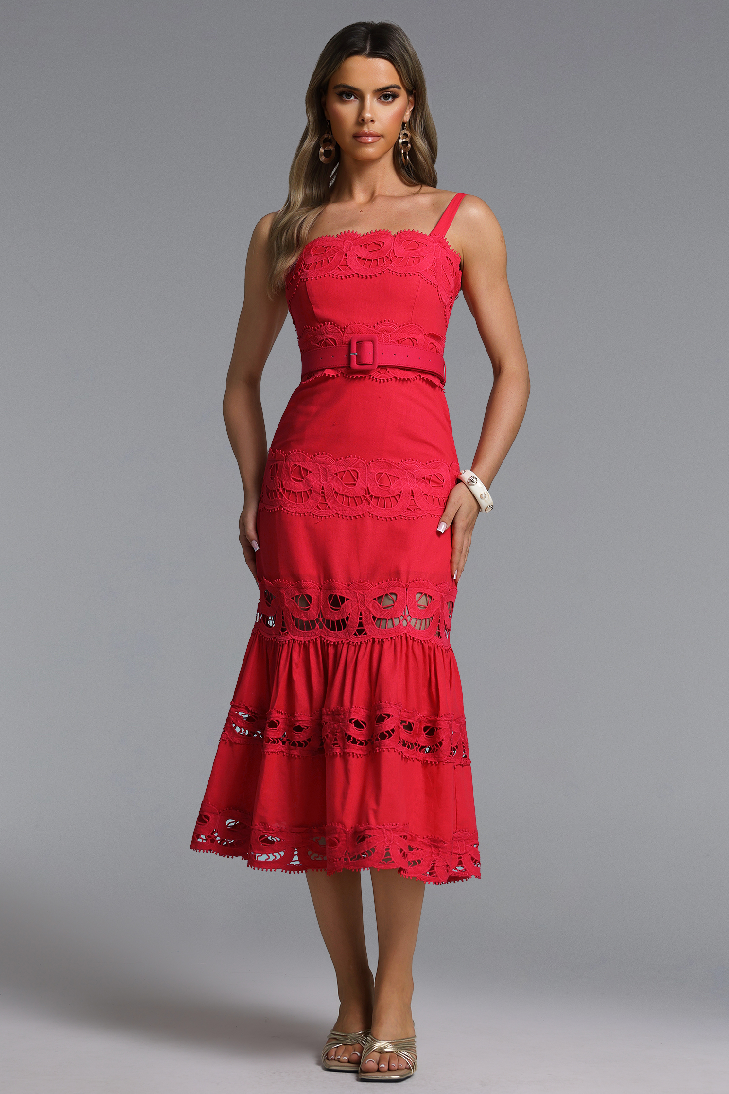 Giada Romantic Tailored Sleeveless Belted Lace Woven Red Maxi Dress