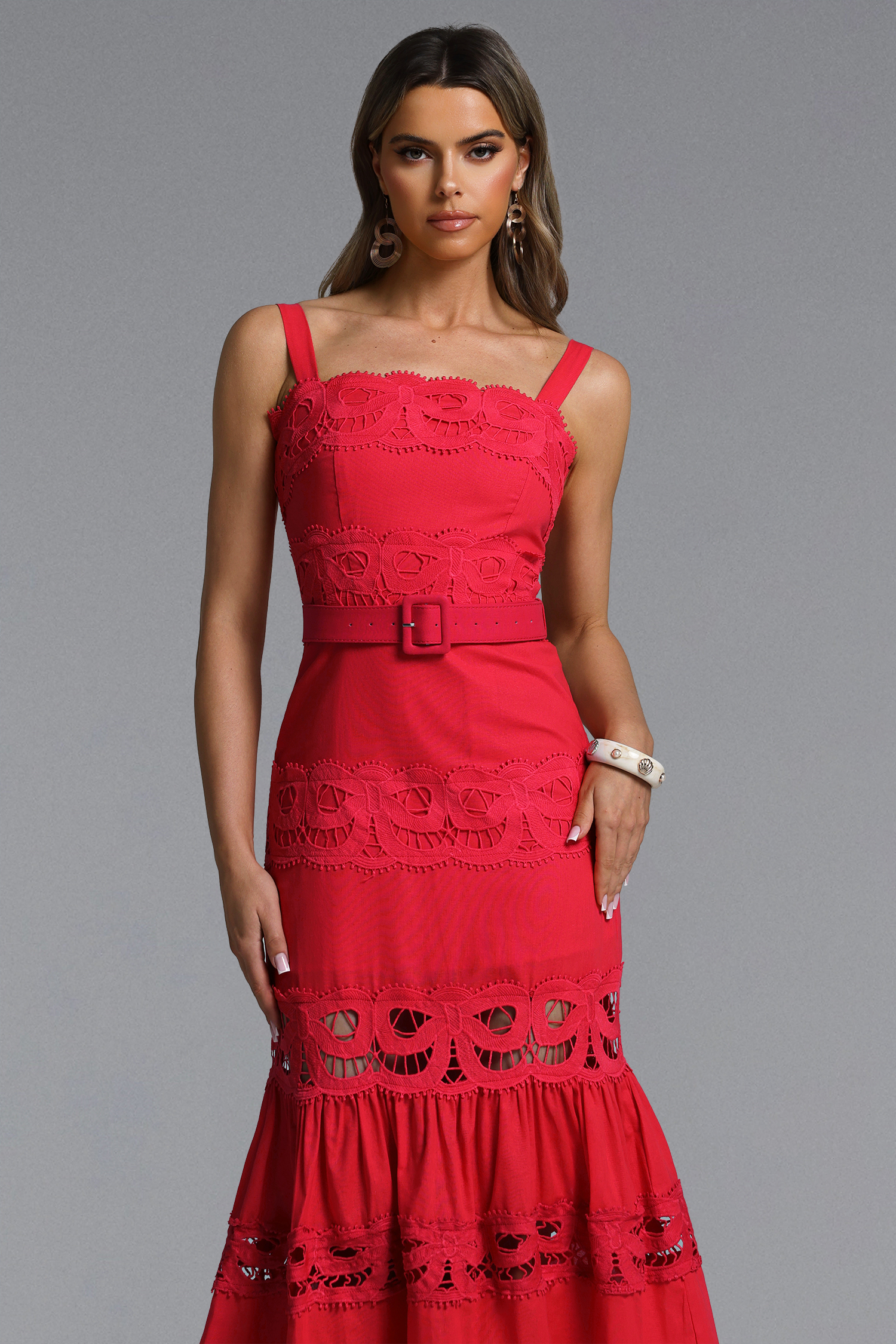 Giada Romantic Tailored Sleeveless Belted Lace Woven Red Maxi Dress