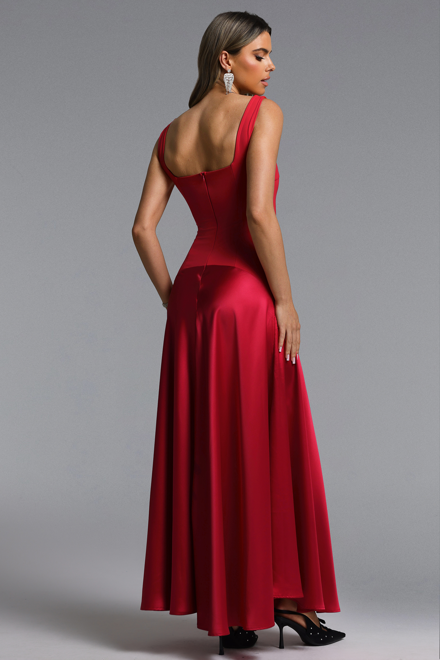 Vira Romantic Contour Square Neck Satin Maxi Dress