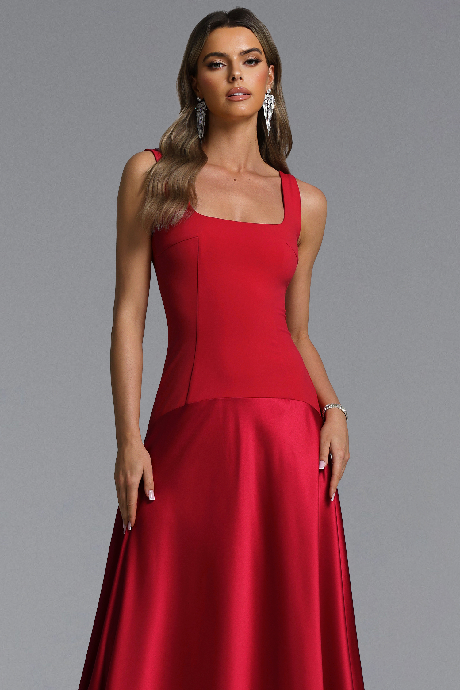 Vira Romantic Contour Square Neck Satin Maxi Dress