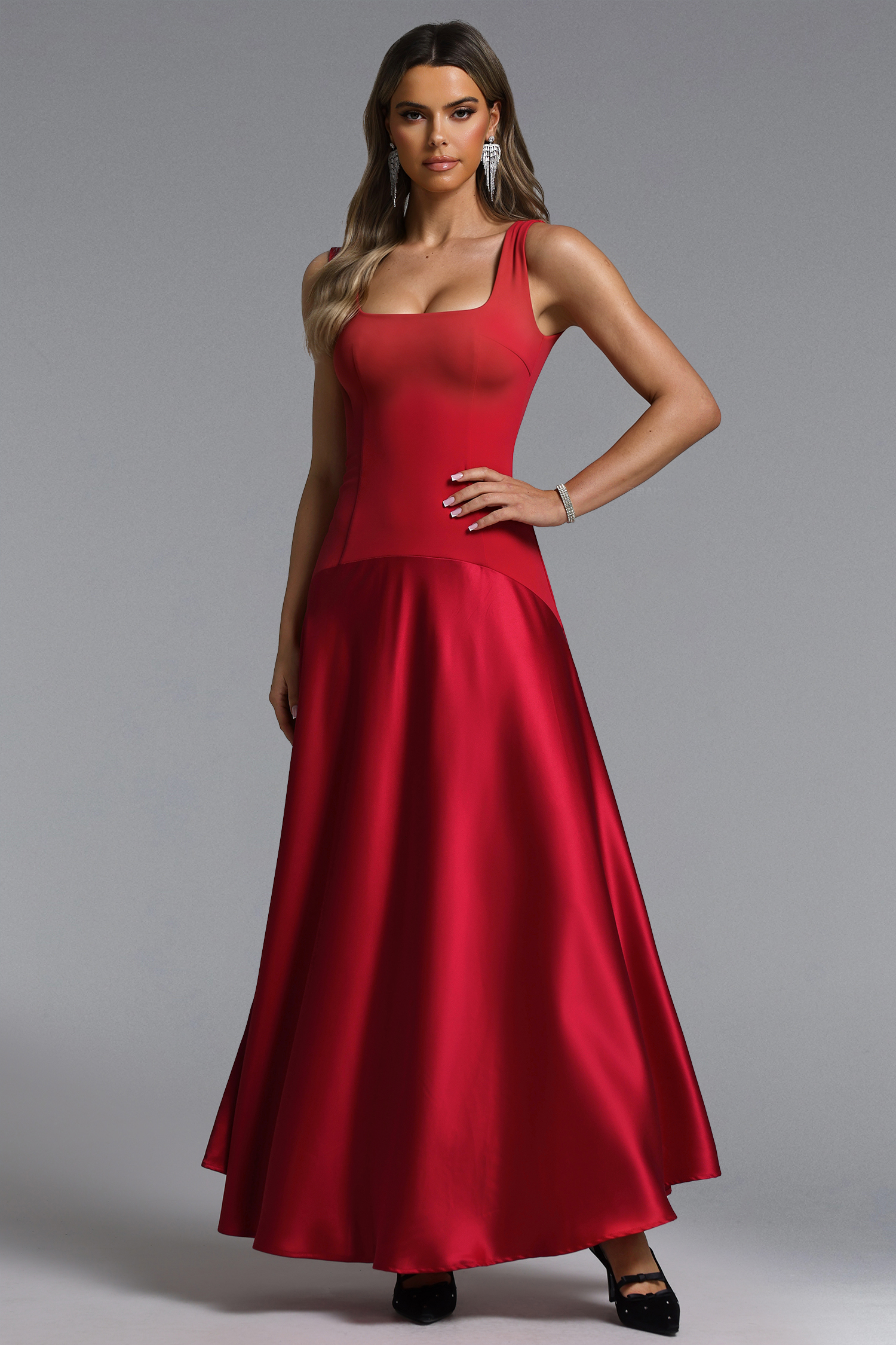 Vira Romantic Contour Square Neck Satin Maxi Dress