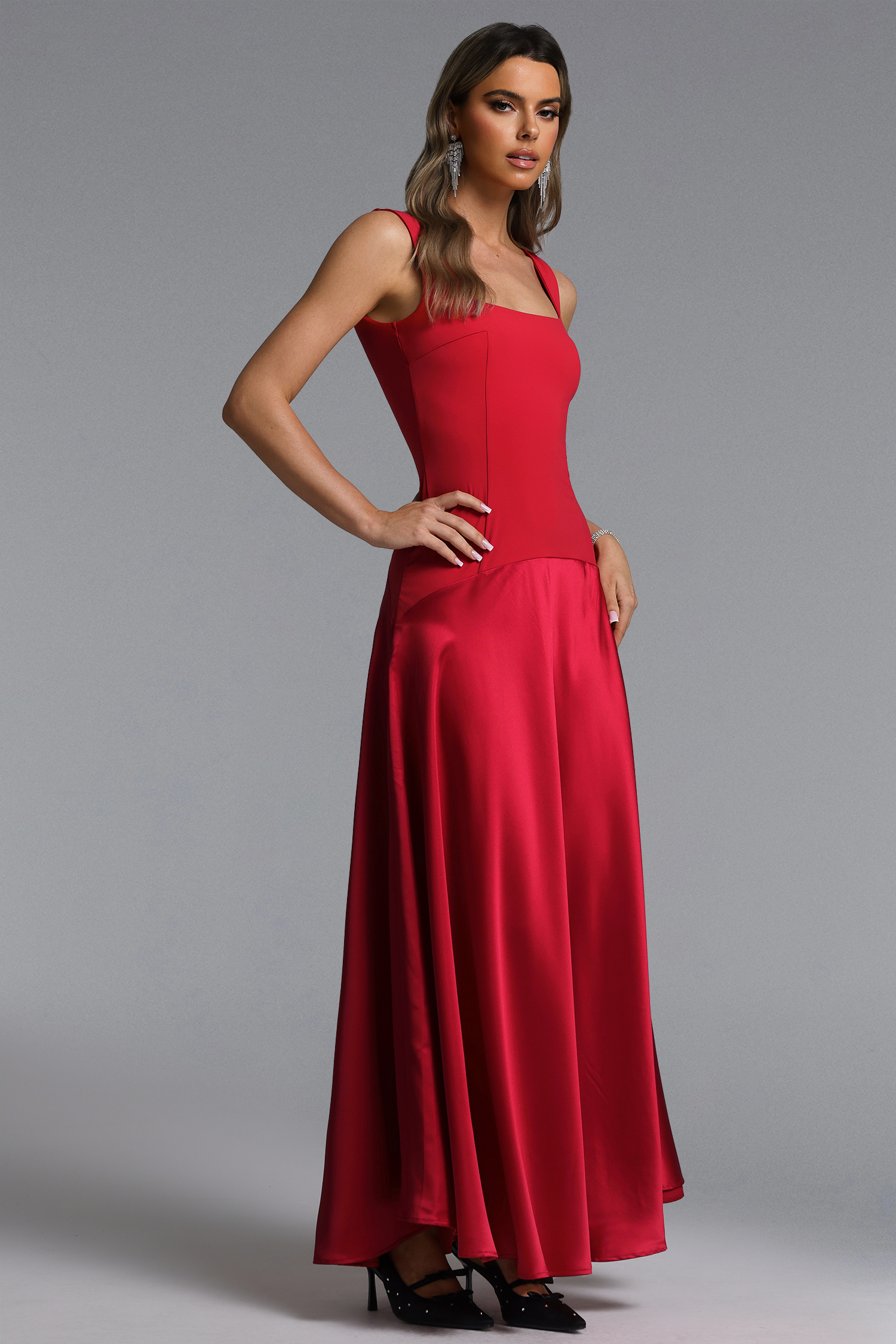 Vira Romantic Contour Square Neck Satin Maxi Dress