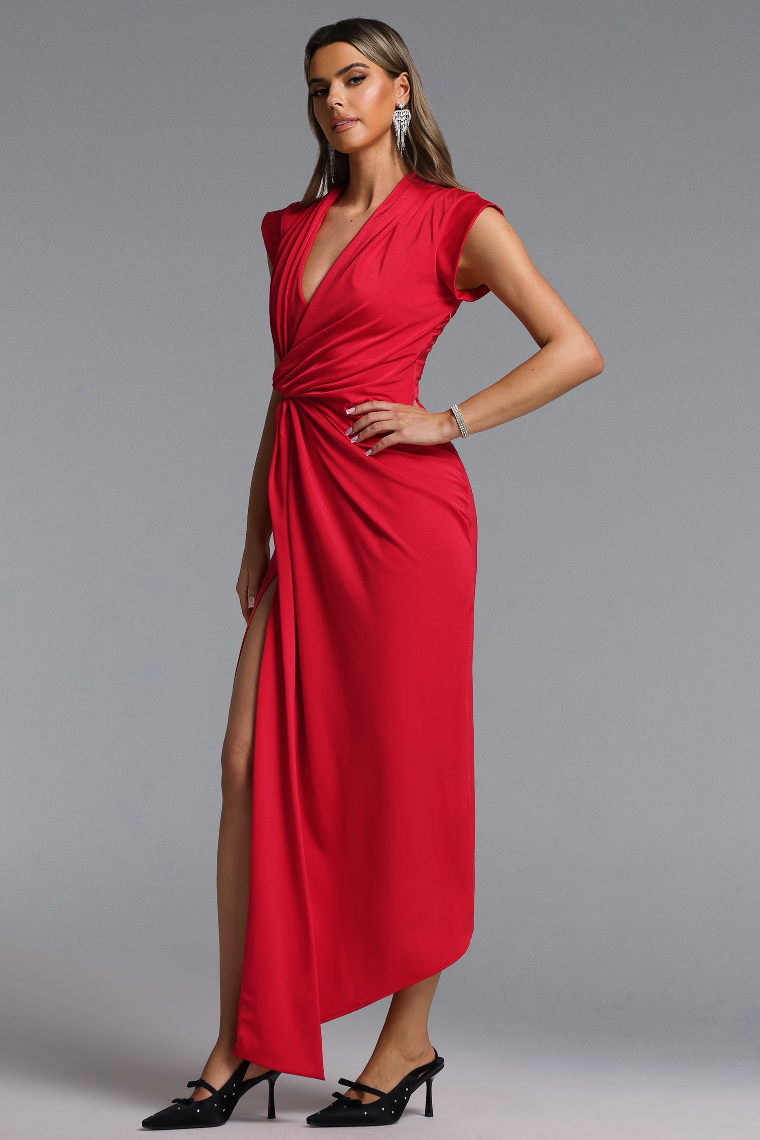 Elin Chic Contour V Neck Twisted High Slit Knit Maxi Dress