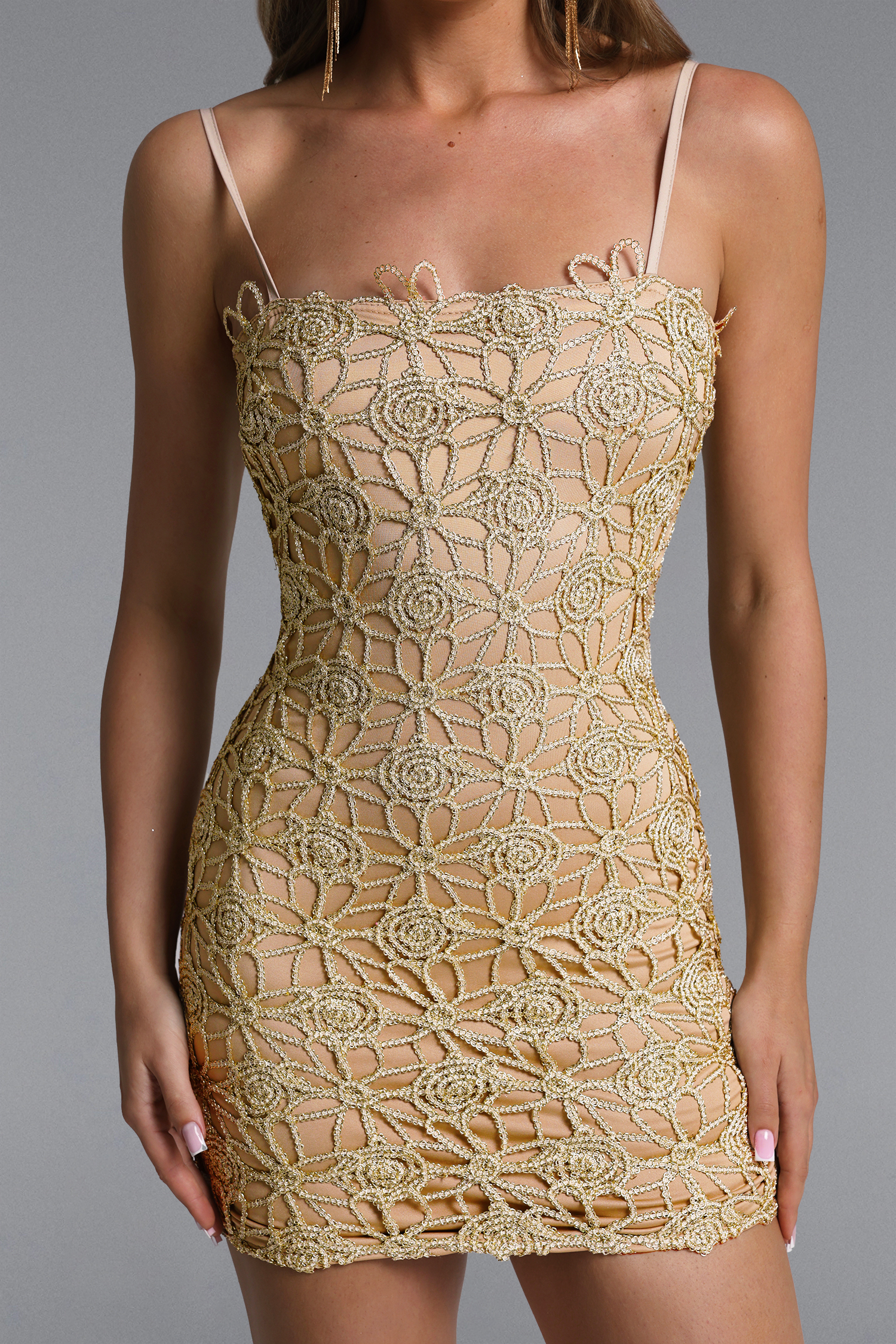Halee Elegant Contour Sleeveless Gold Lace Mini Dress