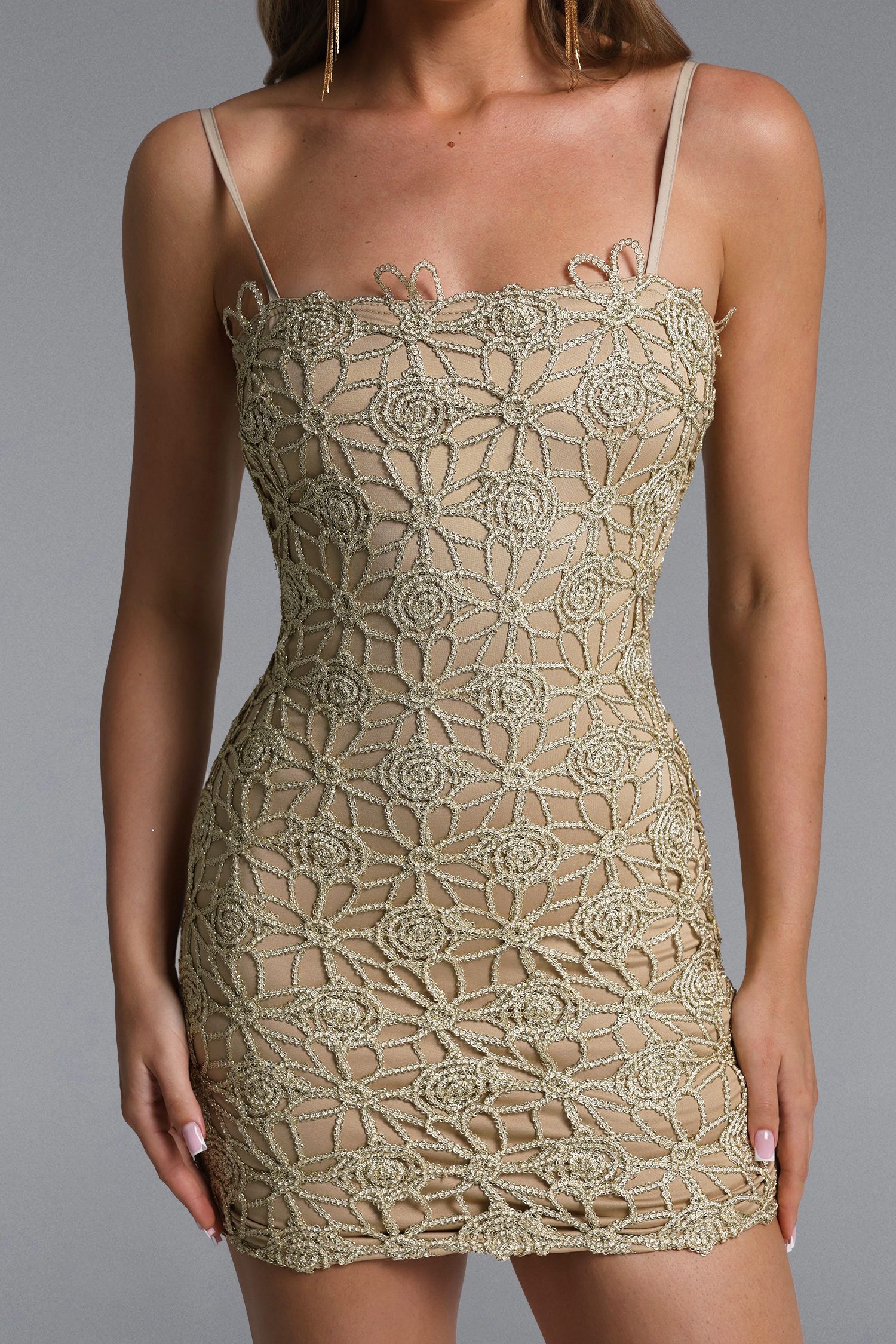 Halee Elegant Contour Sleeveless Gold Lace Mini Dress