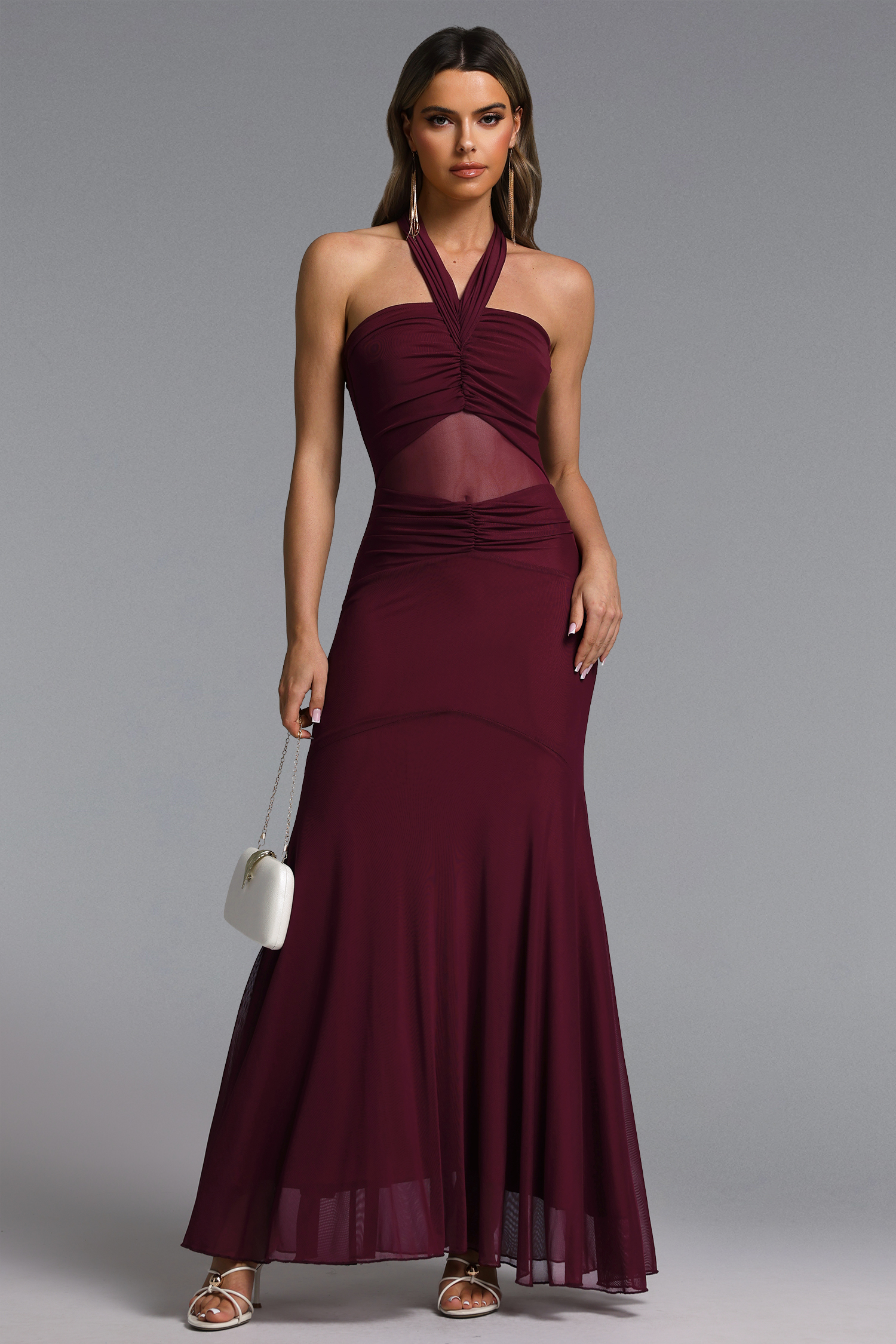 Oga Romantic Contour Halter Cut Out Ruched Knit Maxi Dress