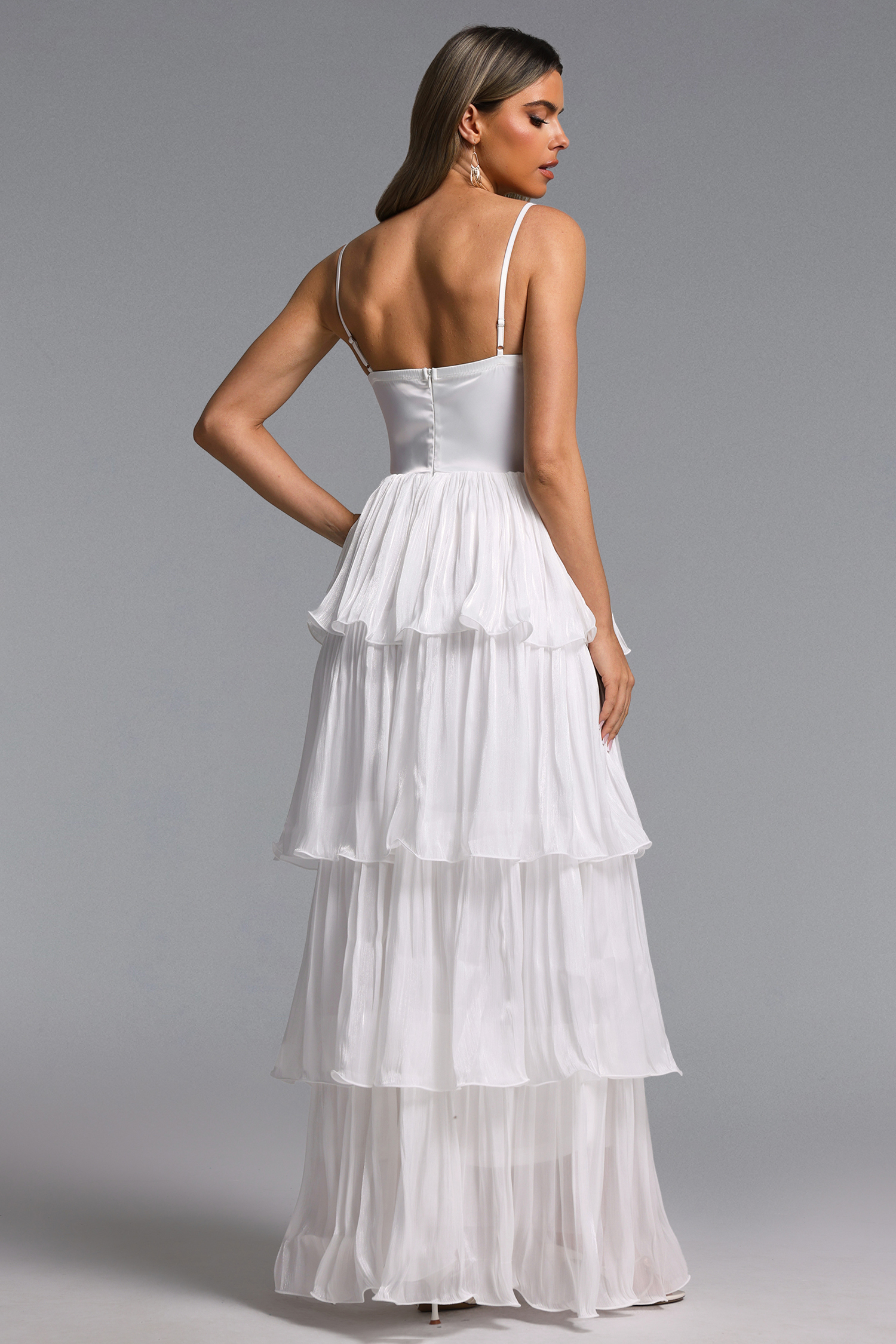 Slaia Elegant Flowy Cut Out Rhinestone Tiered Ruffle Maxi Dress