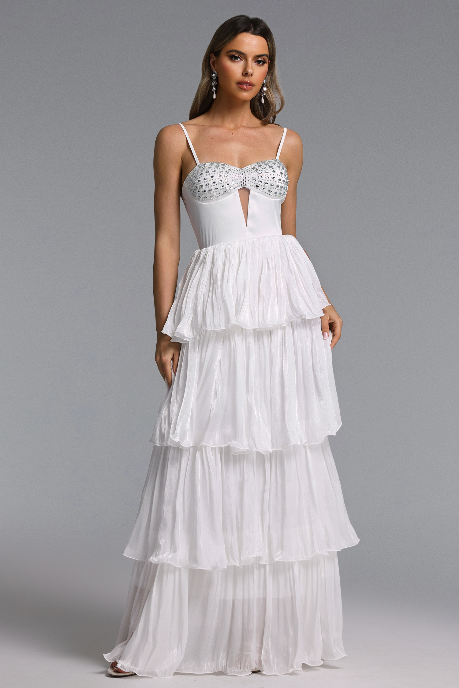 Slaia Elegant Flowy Cut Out Rhinestone Tiered Ruffle Maxi Dress