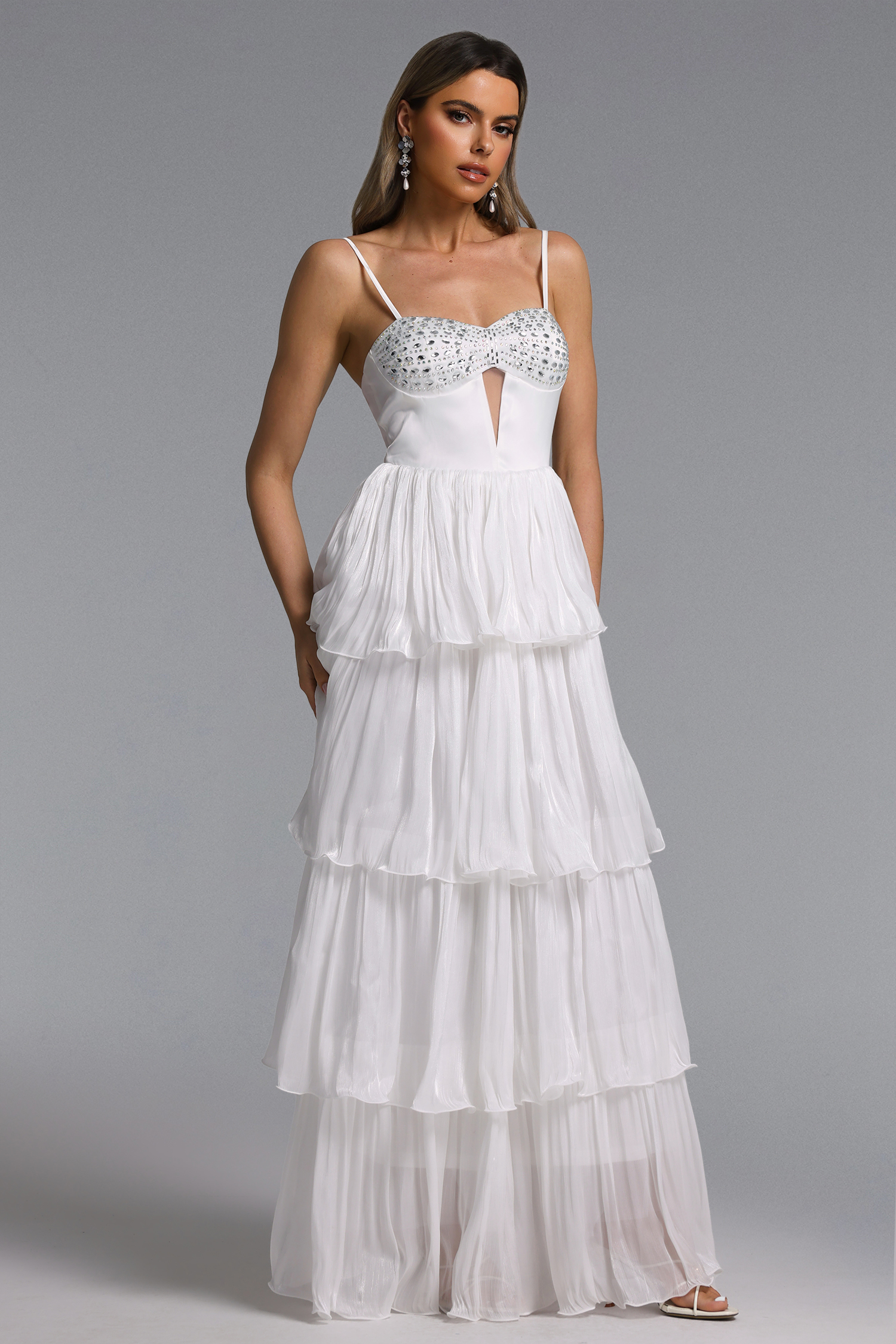 Slaia Elegant Flowy Cut Out Rhinestone Tiered Ruffle Maxi Dress