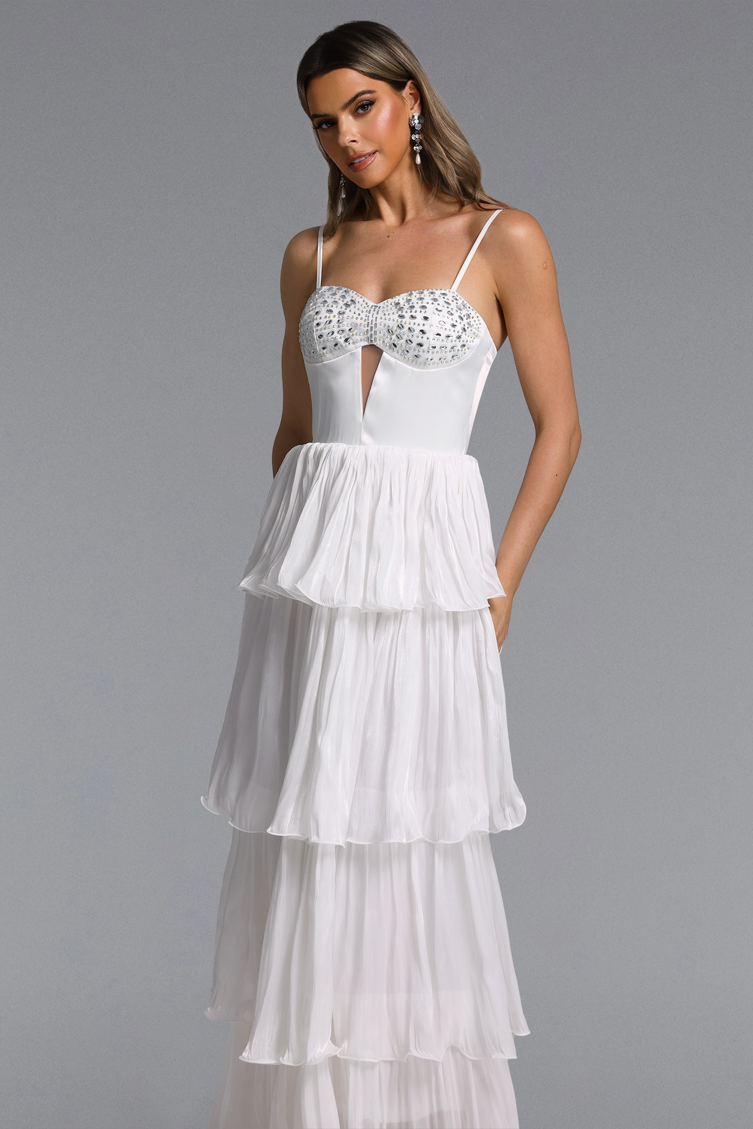Slaia Elegant Flowy Cut Out Rhinestone Tiered Ruffle Maxi Dress