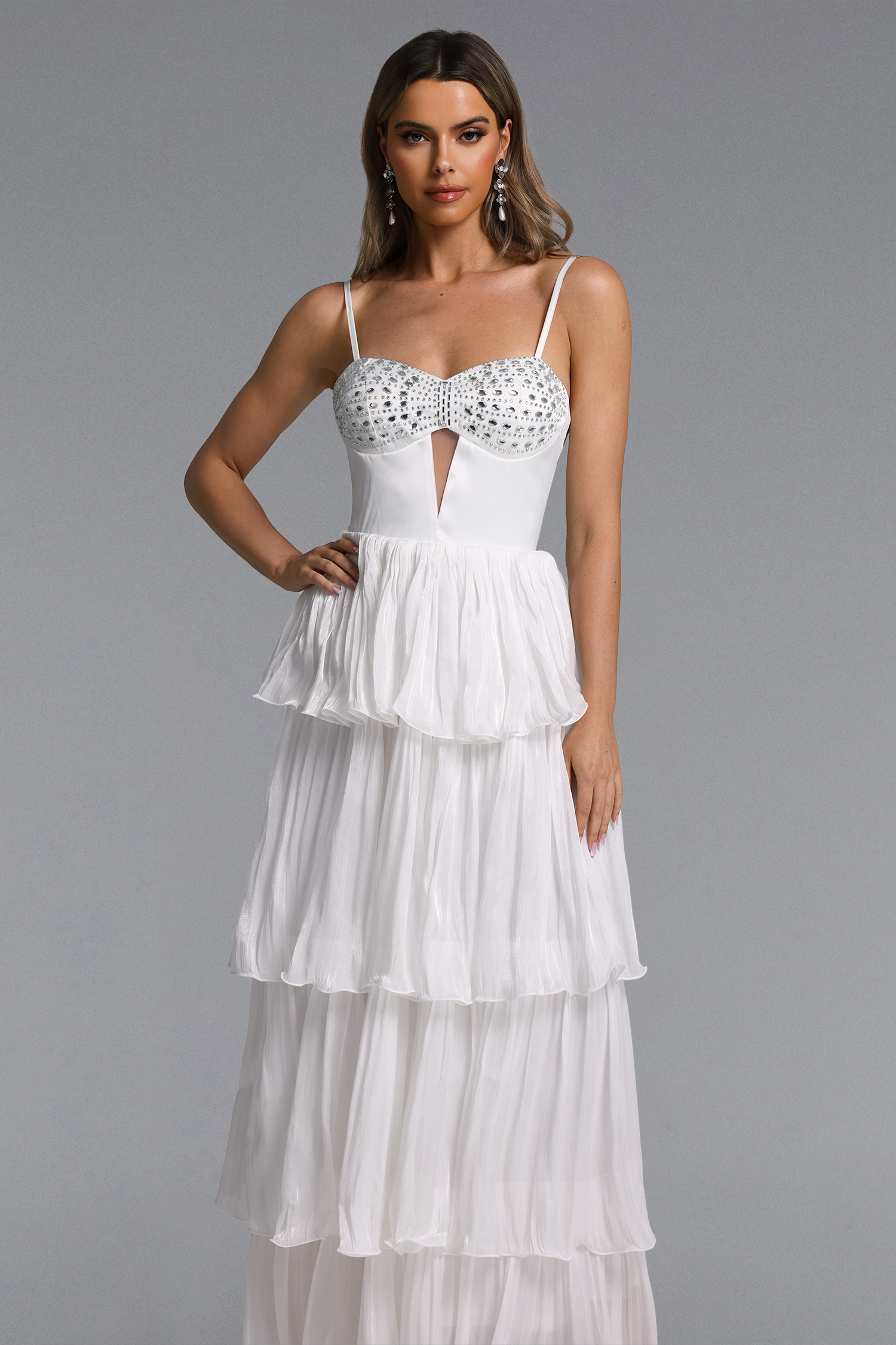 Slaia Elegant Flowy Cut Out Rhinestone Tiered Ruffle Maxi Dress