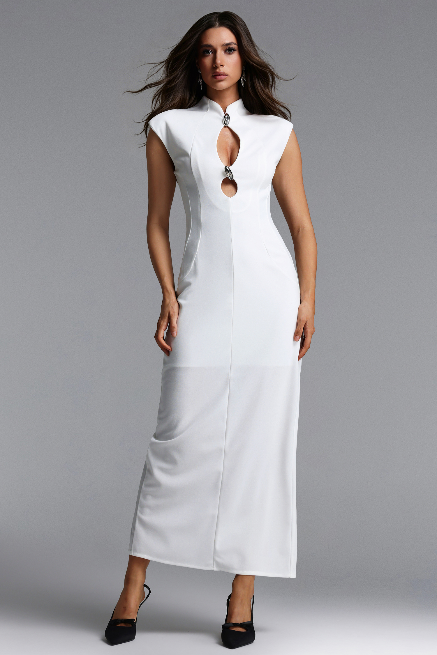 Josefina Chic Contour Sleeveless Cut Out Metal Button Maxi Dress