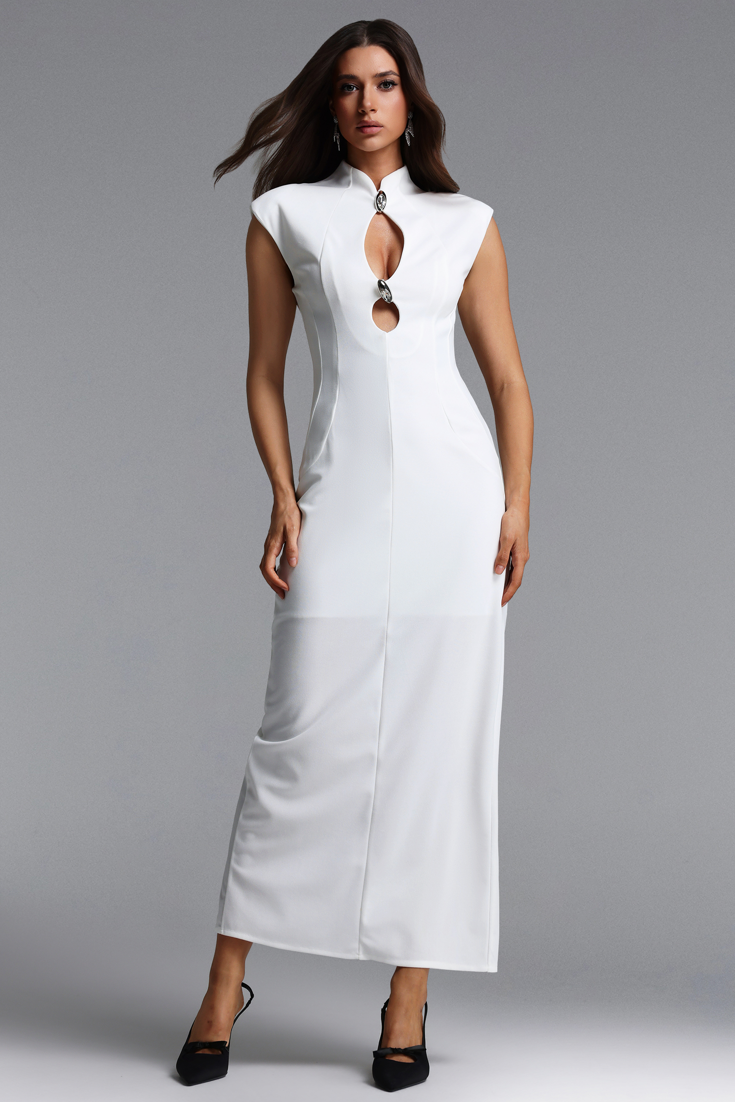 Josefina Chic Contour Sleeveless Cut Out Metal Button Maxi Dress