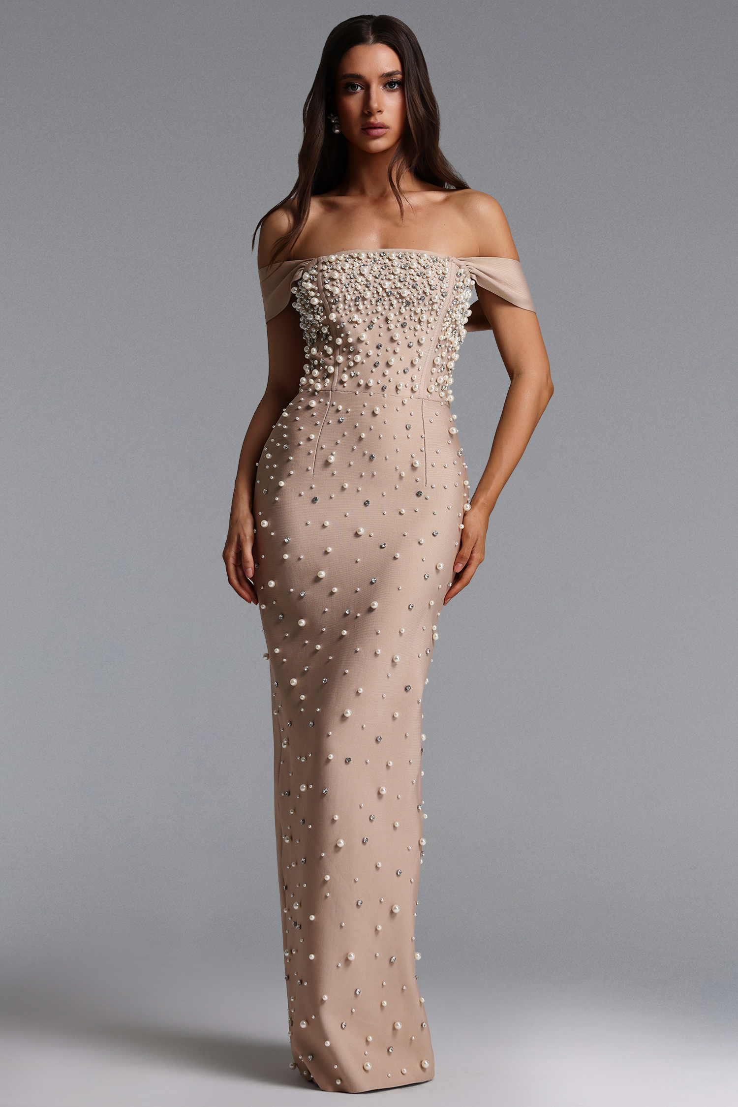 Jaylee Glamorous Off Shoulder Pearl Rhinestone Bandage Maxi Dress