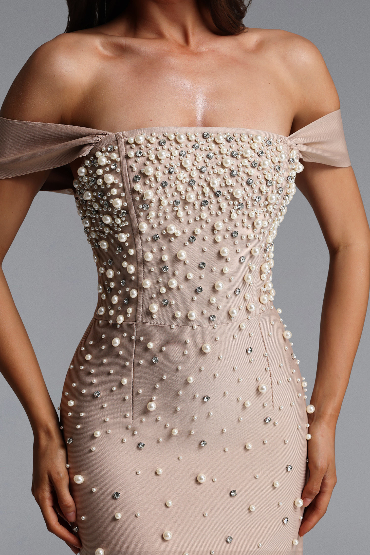 Jaylee Glamorous Off Shoulder Pearl Rhinestone Bandage Maxi Dress