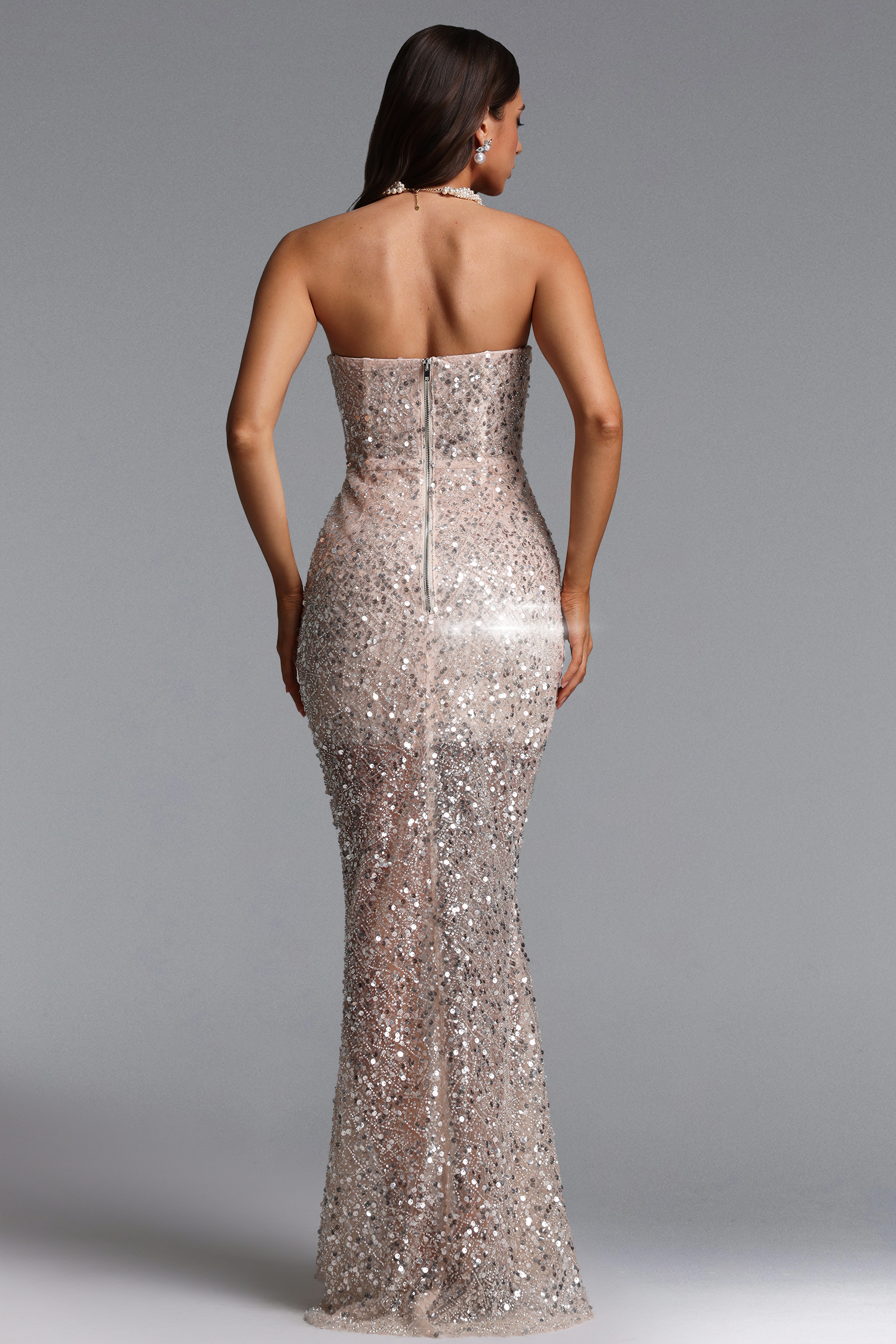 Vla Elegant Contour Strapless Sequin Maxi Dress