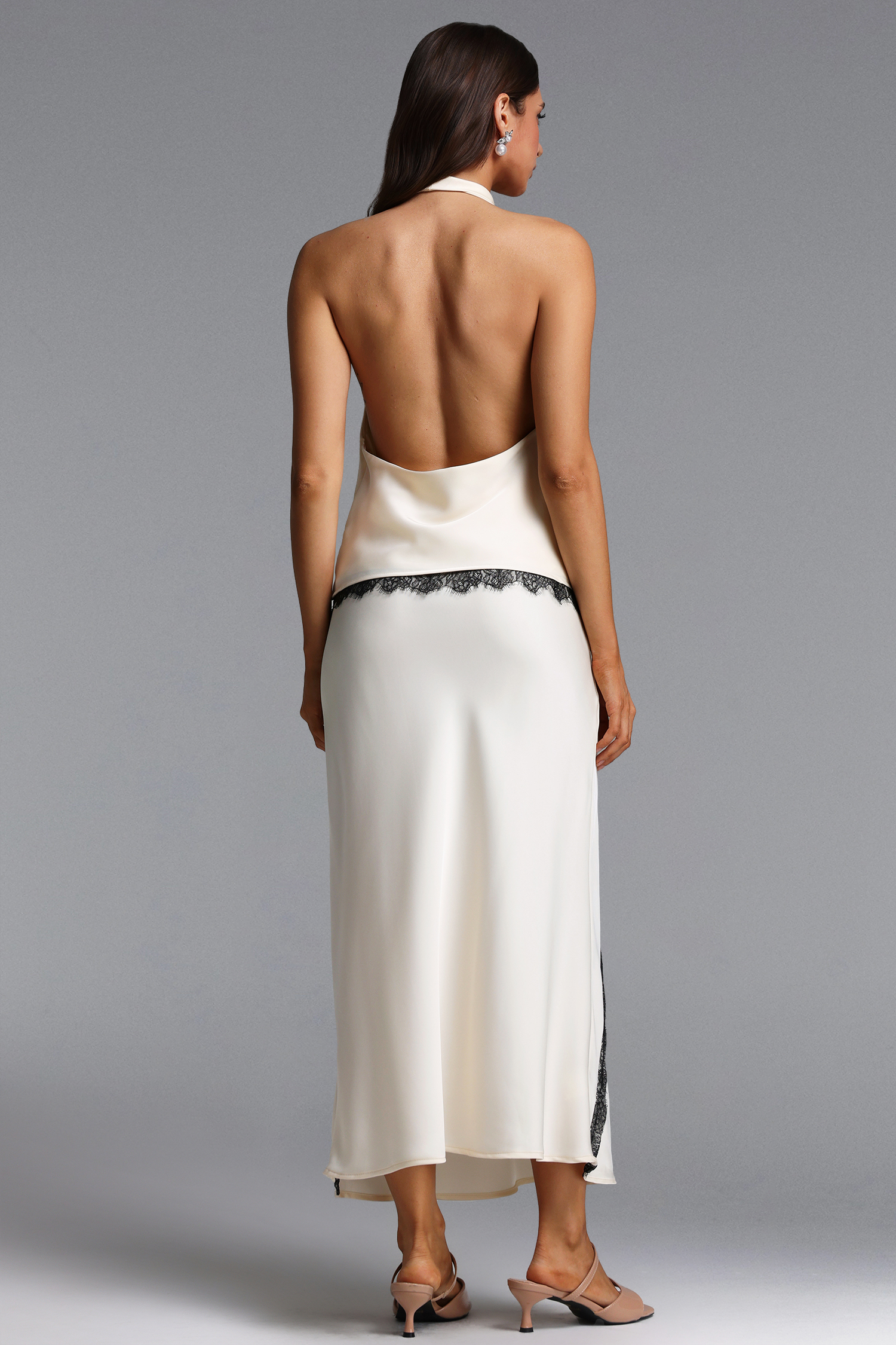 Noor Chic Contour Halter Cowl Neck Lace Top and Skirt Set