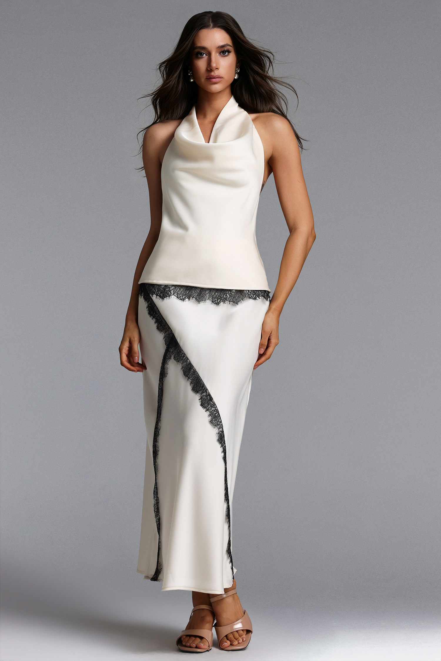 Noor Chic Contour Halter Cowl Neck Lace Top and Skirt Set