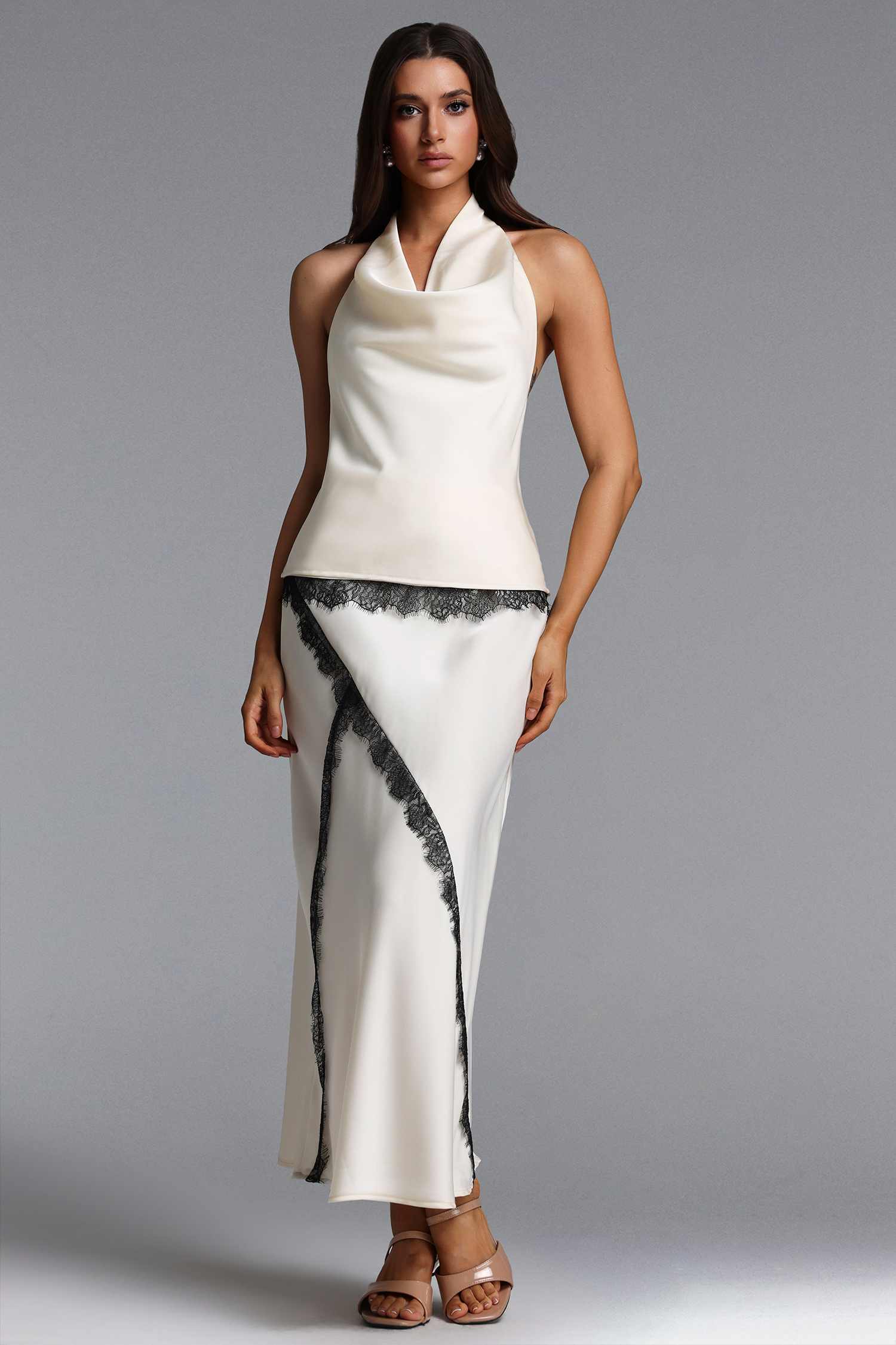 Noor Chic Contour Halter Cowl Neck Lace Top and Skirt Set