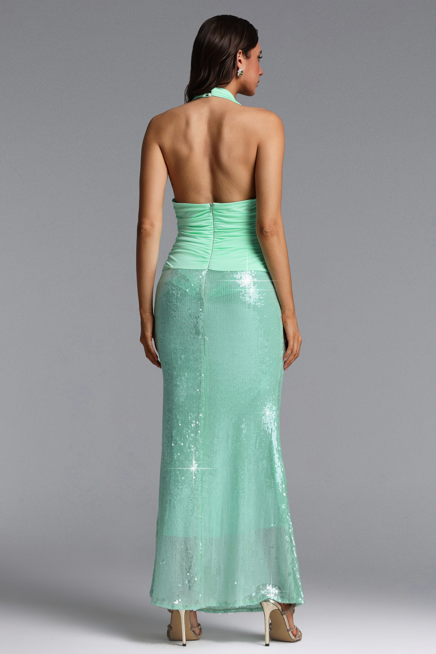 Zohara Chic Contour Halter V Neck Ruched Sequin Maxi Dress