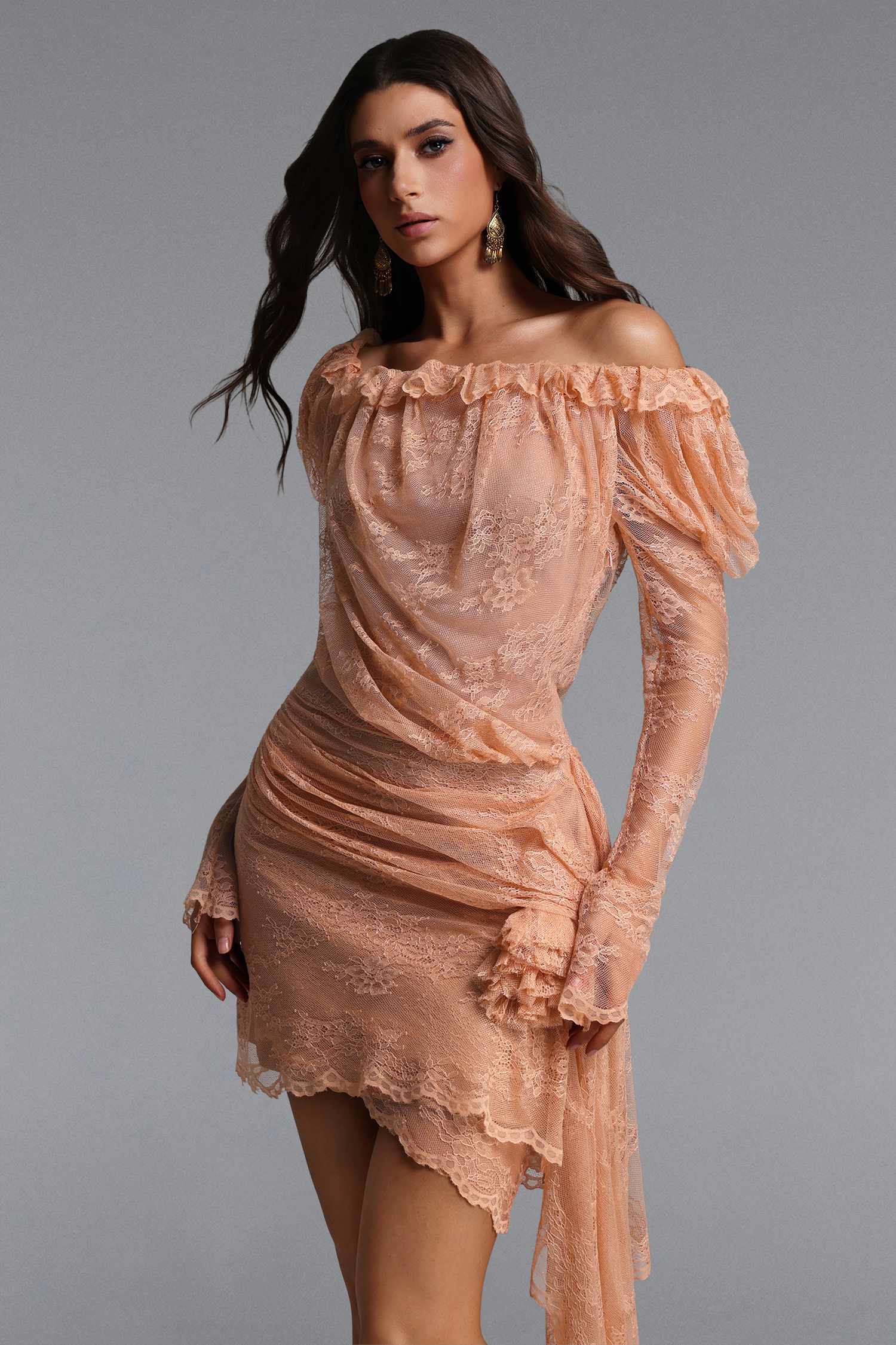 Verza Romantic Flowy Long Sleeve Off Shoulder Ruched Lace Mini Dress