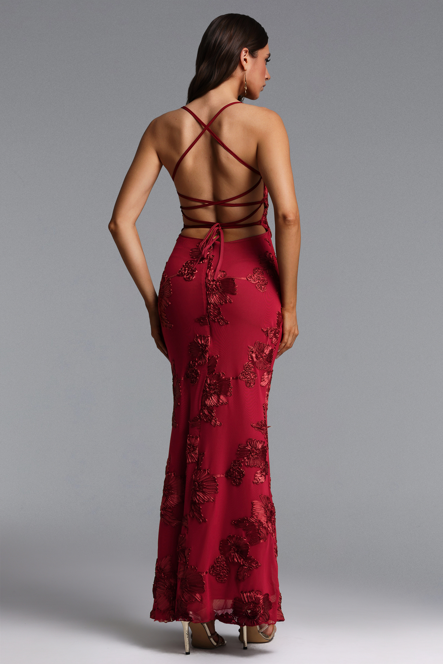 Ririe Romantic Contour Strapless Floral Applique Knit Maxi Dress