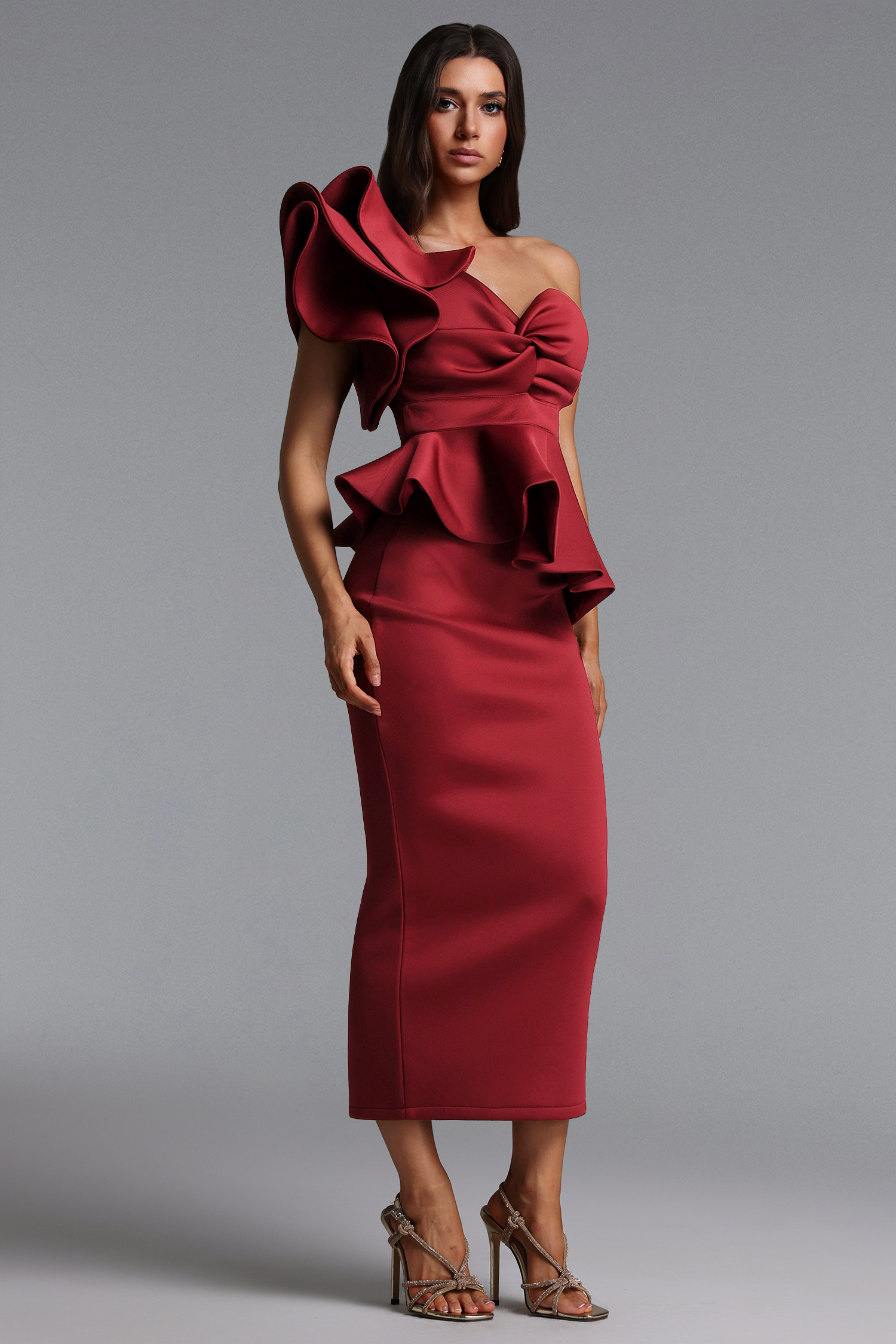 Luysa One Shoulder Asymmetry Red Midi Set