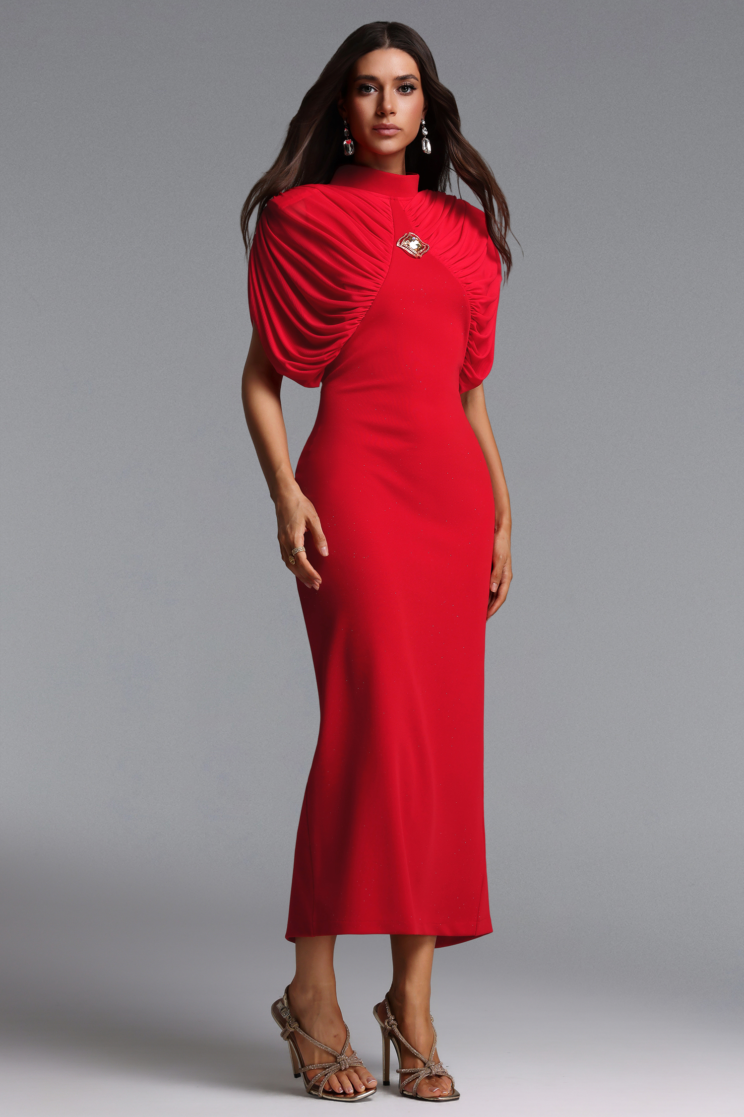 Tessy Chic Tailored High Neck Ruched Maxi Dress