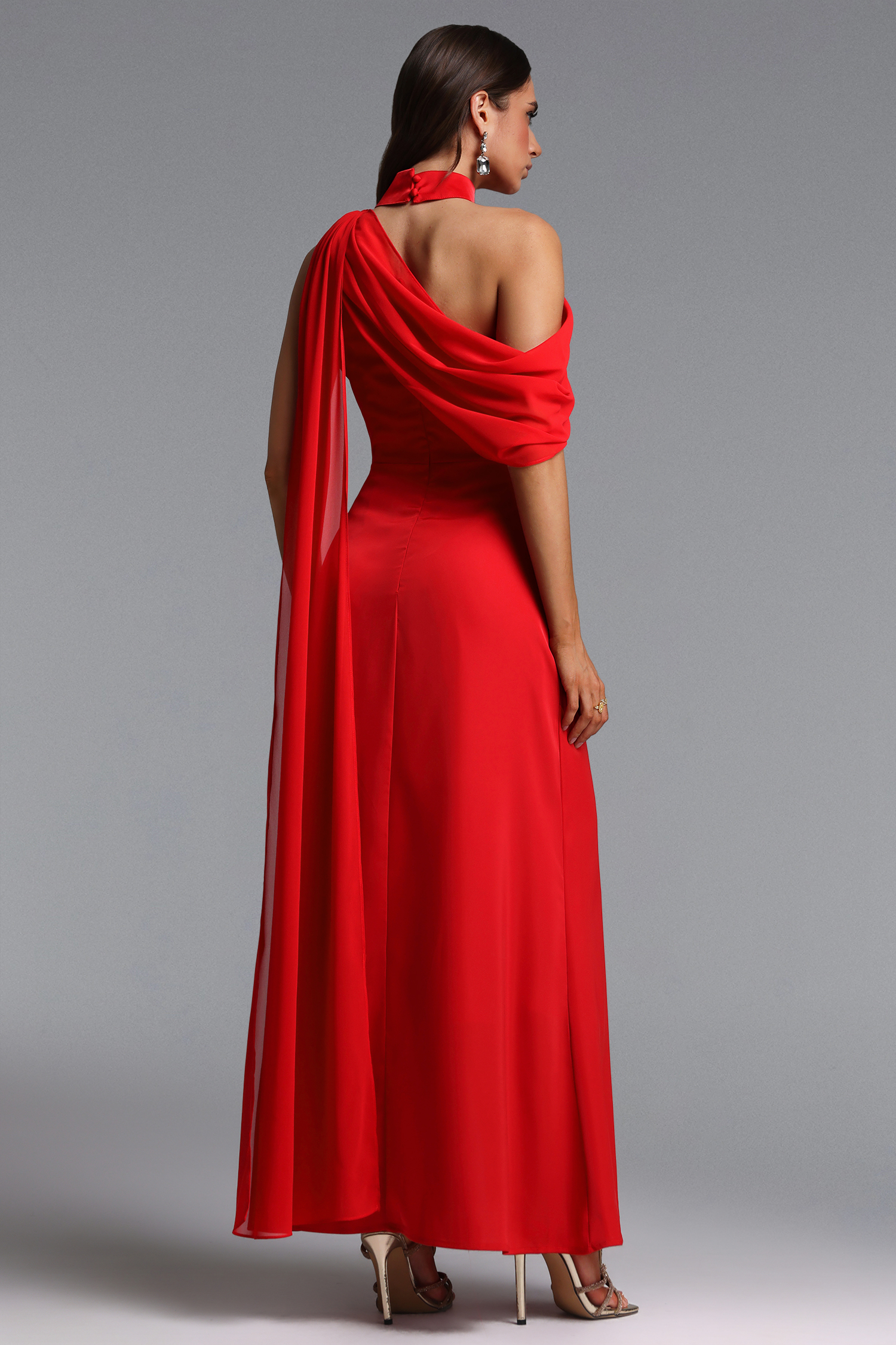 Kailani Chic Flowy High Neck One Shoulder Pleated High Slit Maxi Dress