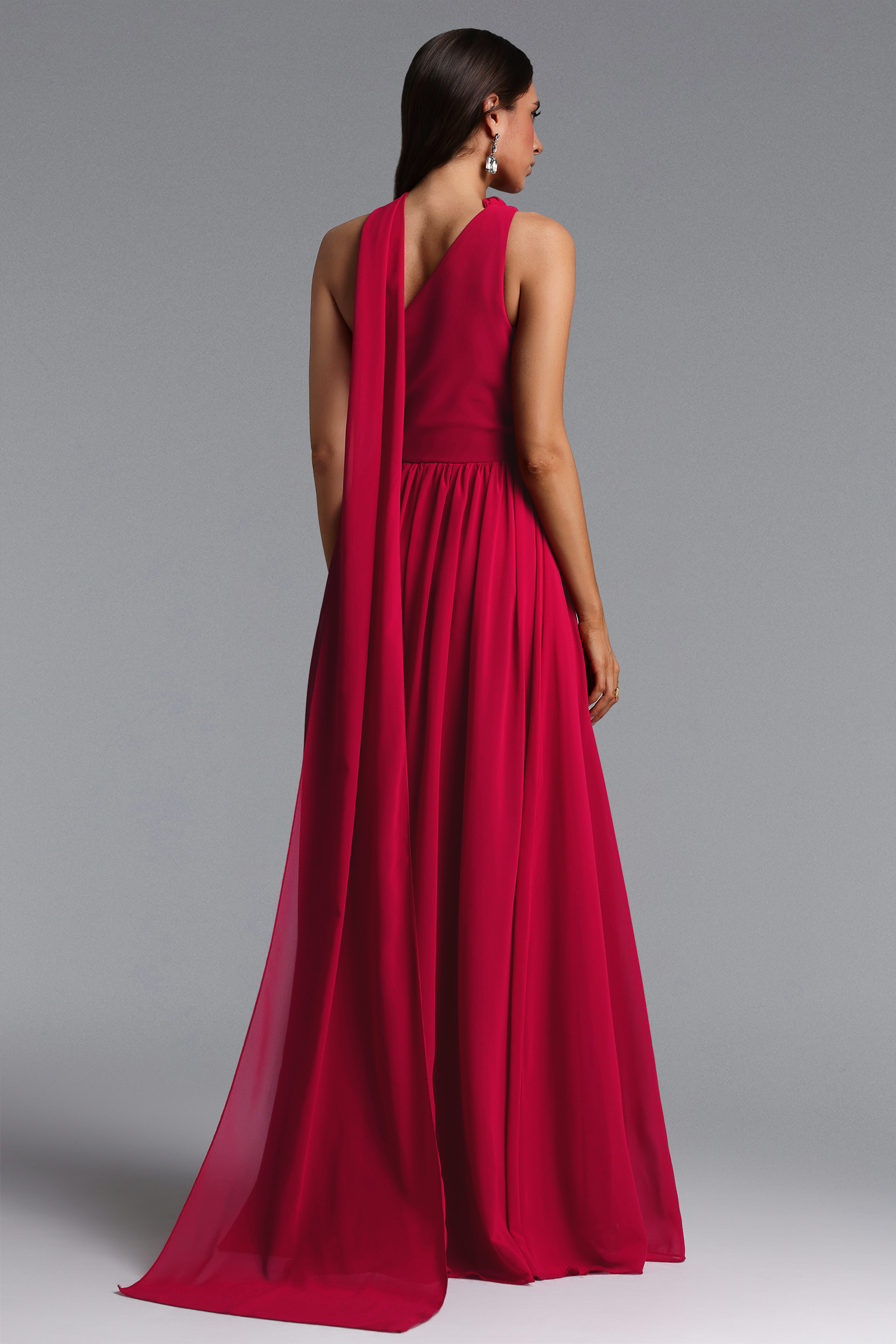 Naida Elegant Flowy One Shoulder Scarf Pleated Maxi Dress