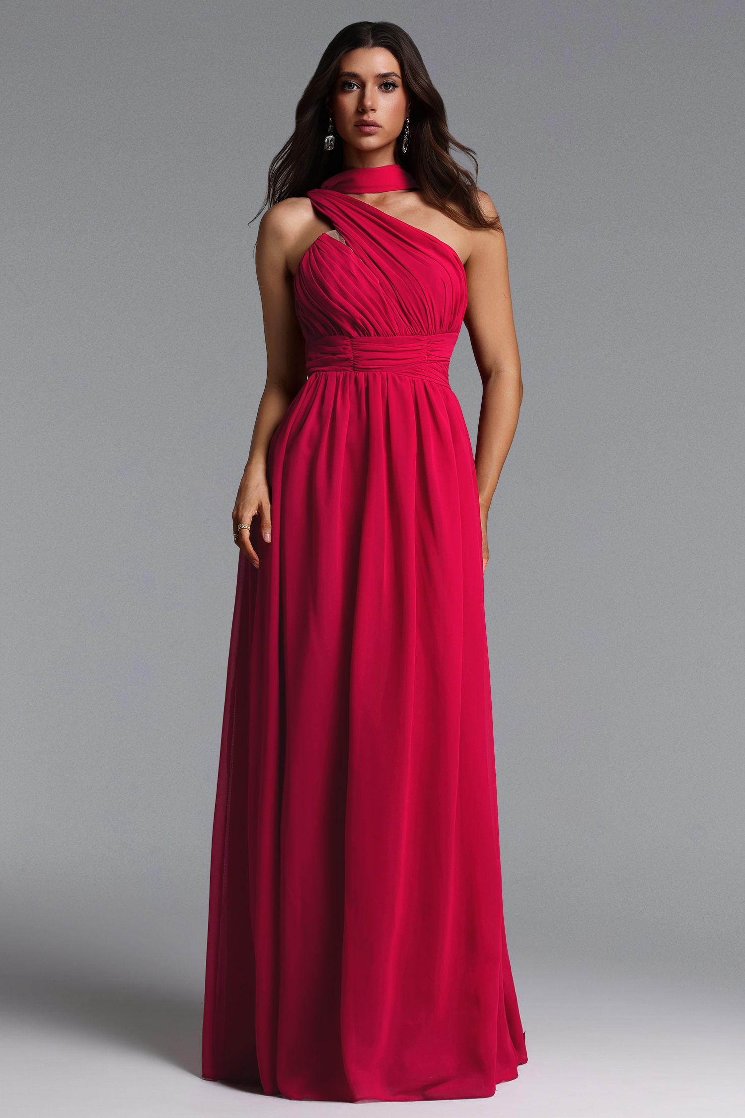 Naida Elegant Flowy One Shoulder Scarf Pleated Maxi Dress